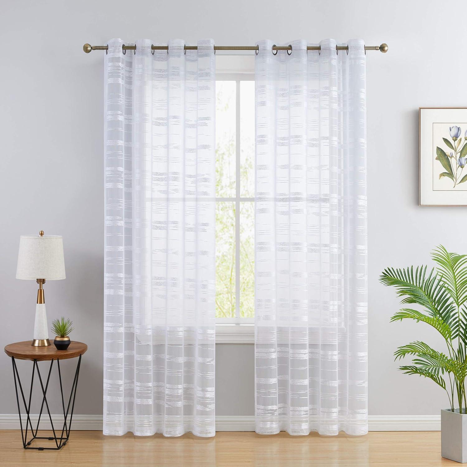 HLC.ME Broadway Stripe Decorative Semi Sheer Light Filtering Grommet Window Treatment Curtain Panels - Set of 2 - White, 54 W x 96 L