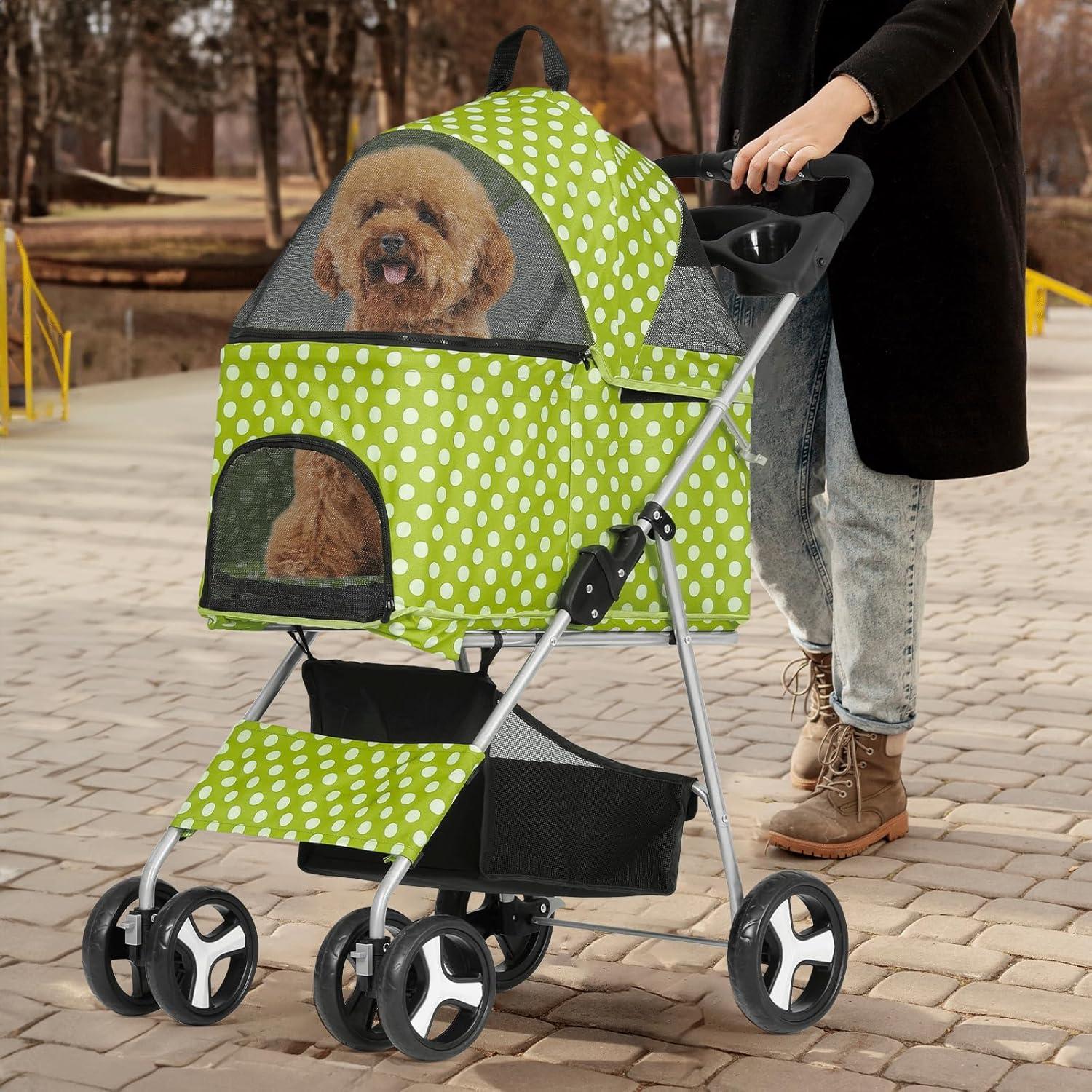 MoNiBloom 4 Wheel Foldable Dog Pet Stroller with Cup Holder, Lawn Green with White Polka Dots