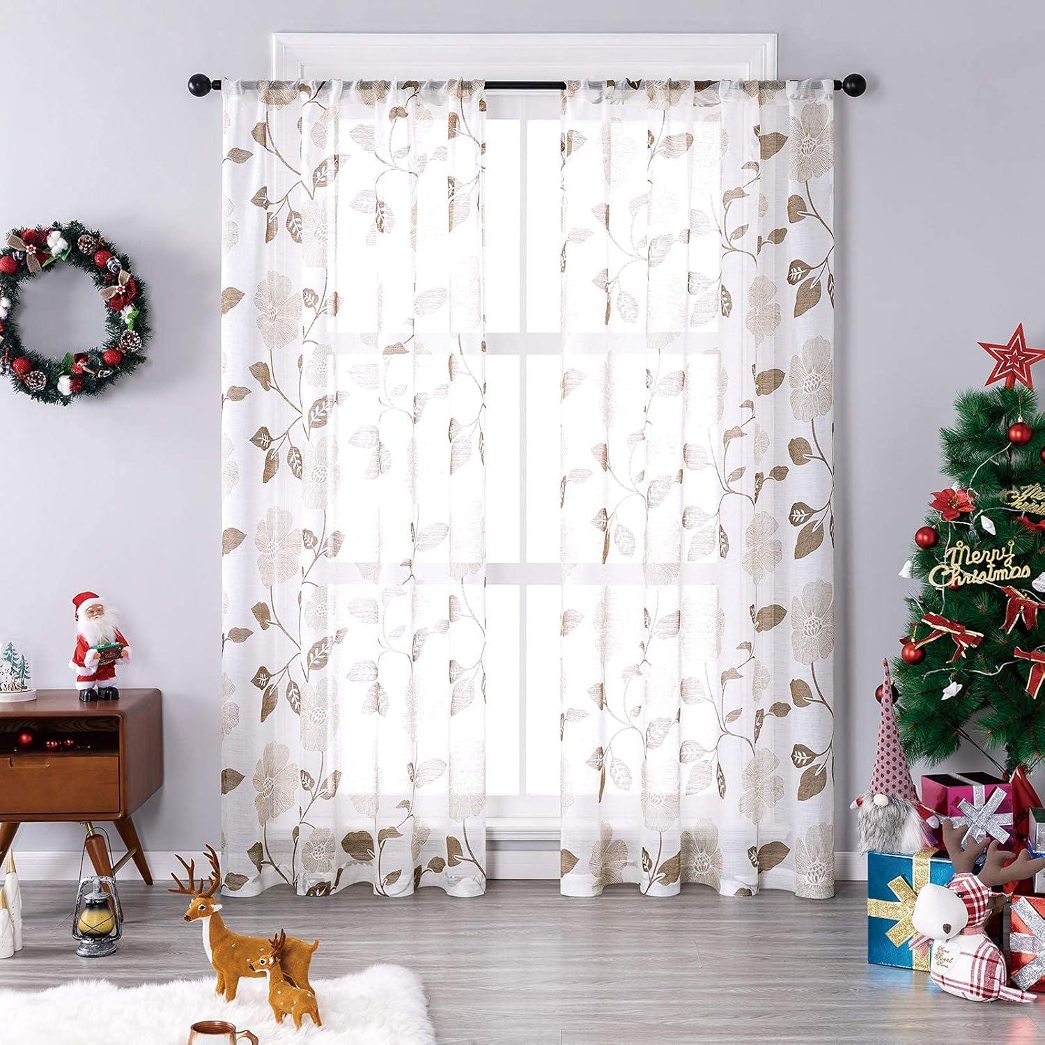 MRTREES Sheer Curtain Panels, Voile Sheer Curtains Drapes Rod Pocket, Flower Printed Embroidery Window Curtain Treatments for Bedroom Living Room Bathroom Window(2 Panels, 54x45 Inches, Brown)