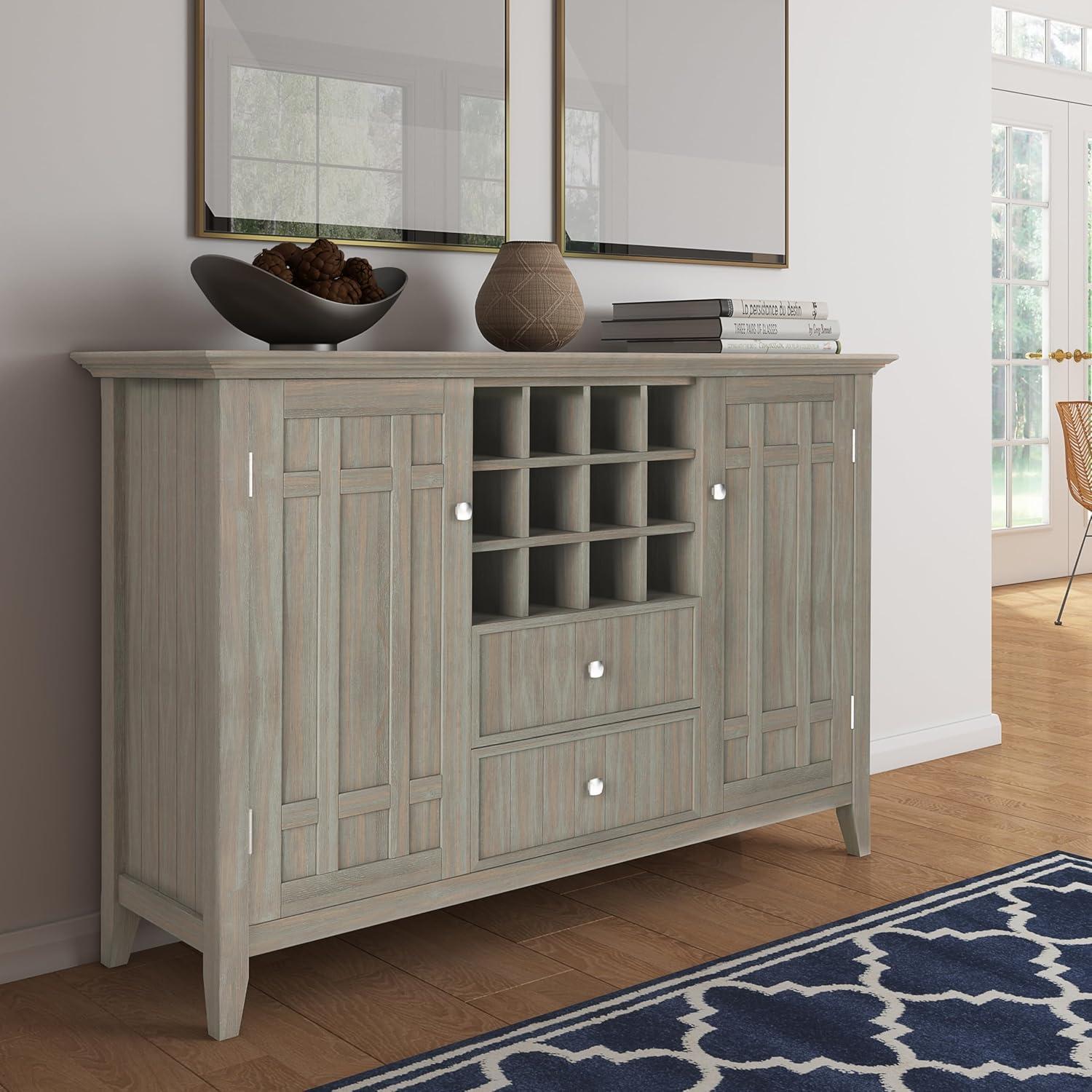 Simpli Home Bedford Wood 54" Transitional Sideboard Buffet and Wine Rack in Gray