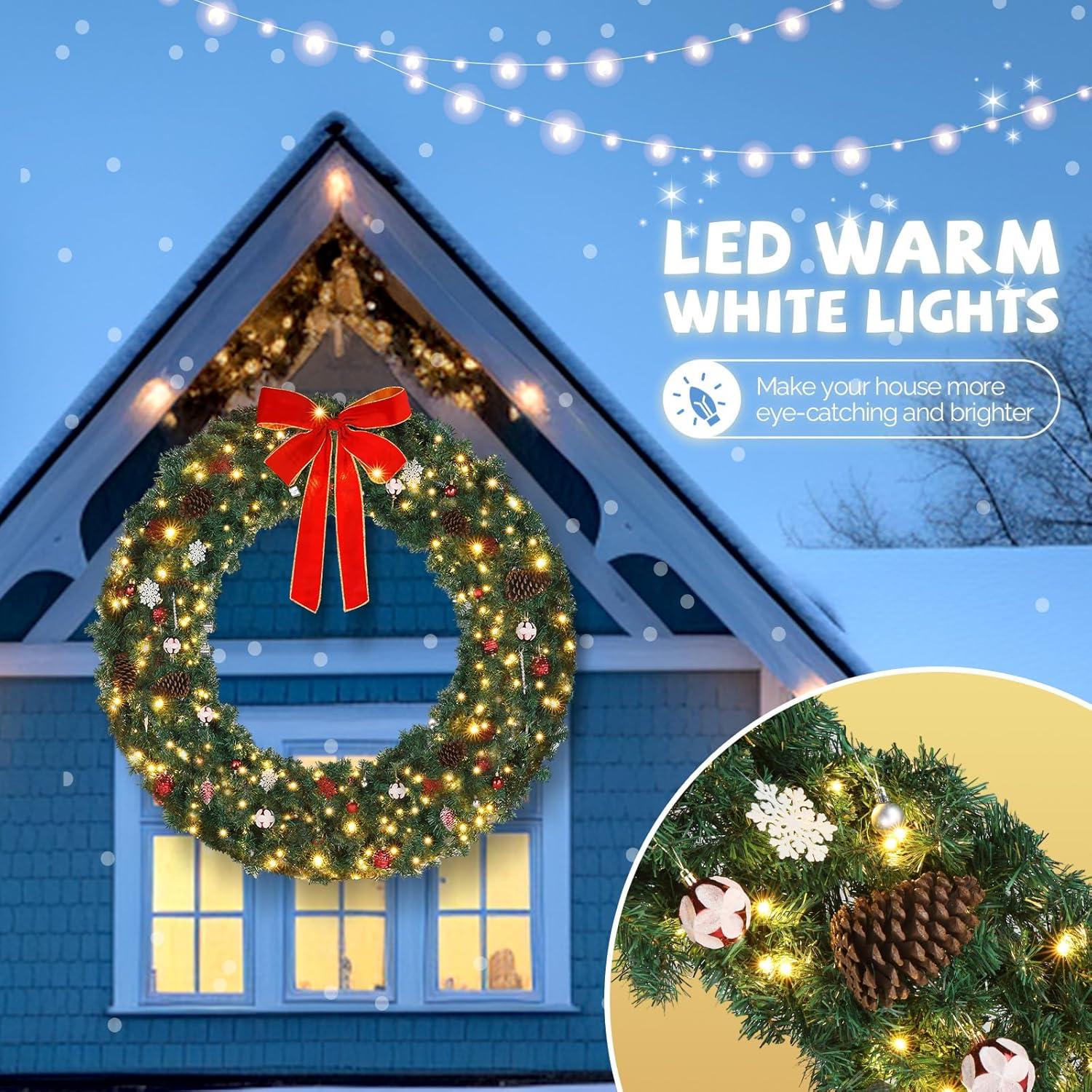 60in Green PVC Bow Decoration Garland with 220 LED Lights, 600 Branches - Perfect for Holiday Home Decor and Garden Parties
