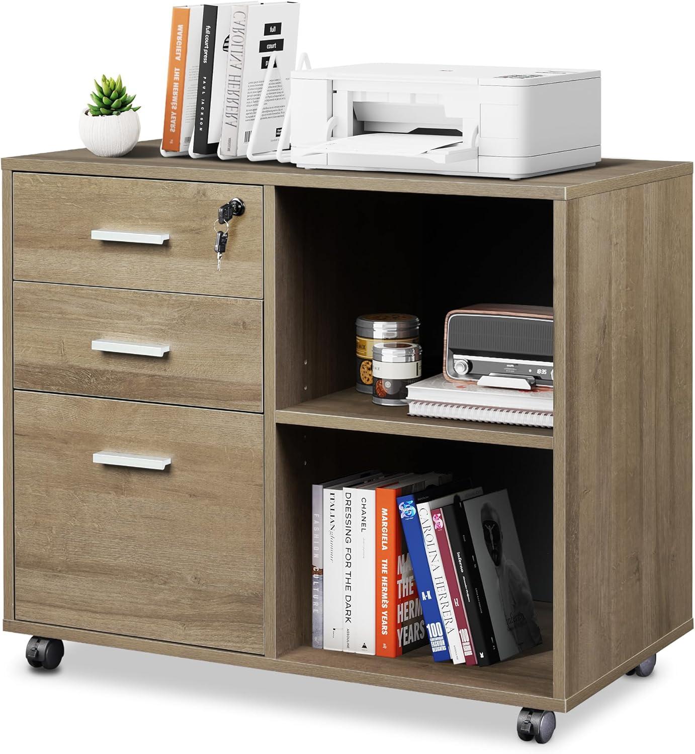 GALAXHERO 3-Drawer Wood Mobile File Cabinet, Lateral Filing Cabinet with Printer Stand and Open Shelves for Home Office, Gray Oak