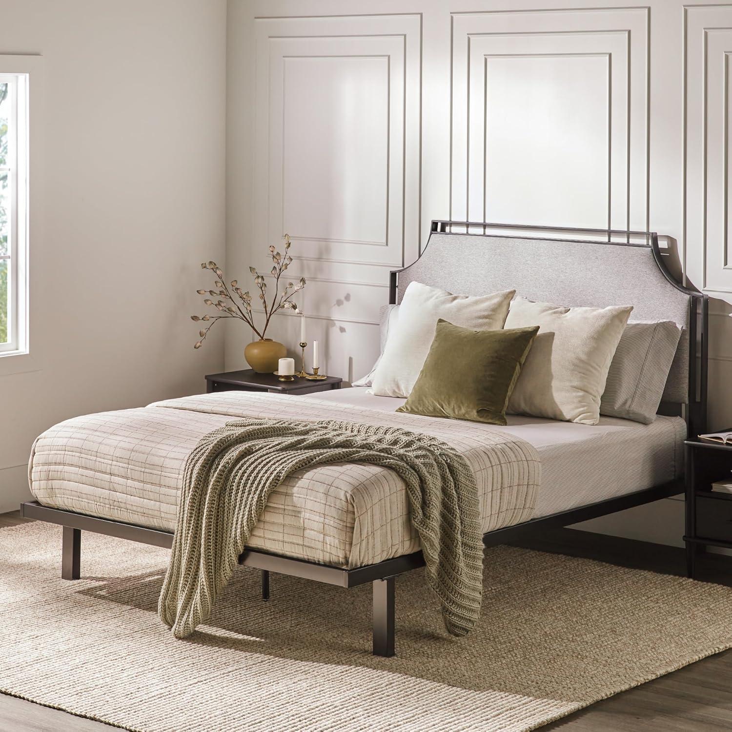 Walker Edison Traditional Metal Upholstered Queen Bedframe, Gray