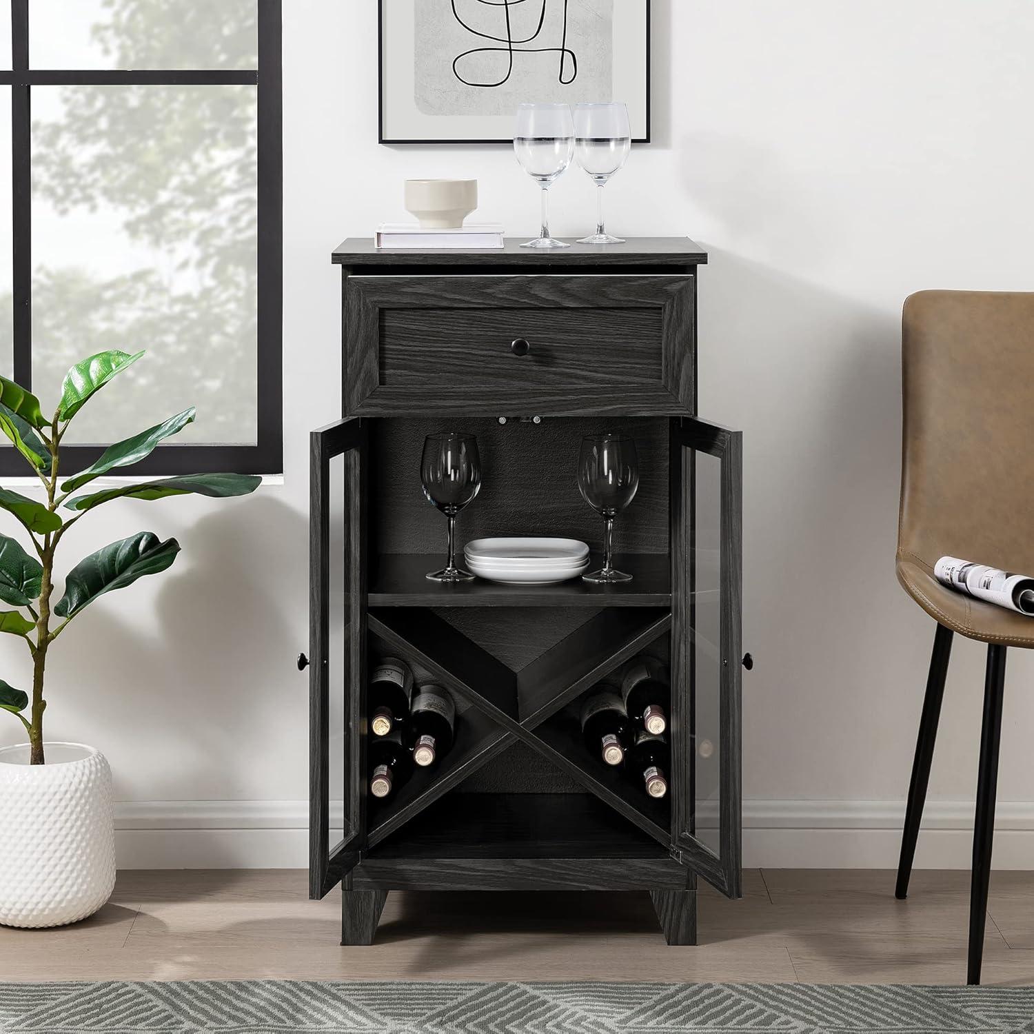 Graphite Glass-Door Bar Cabinet with Drawer and Shelving