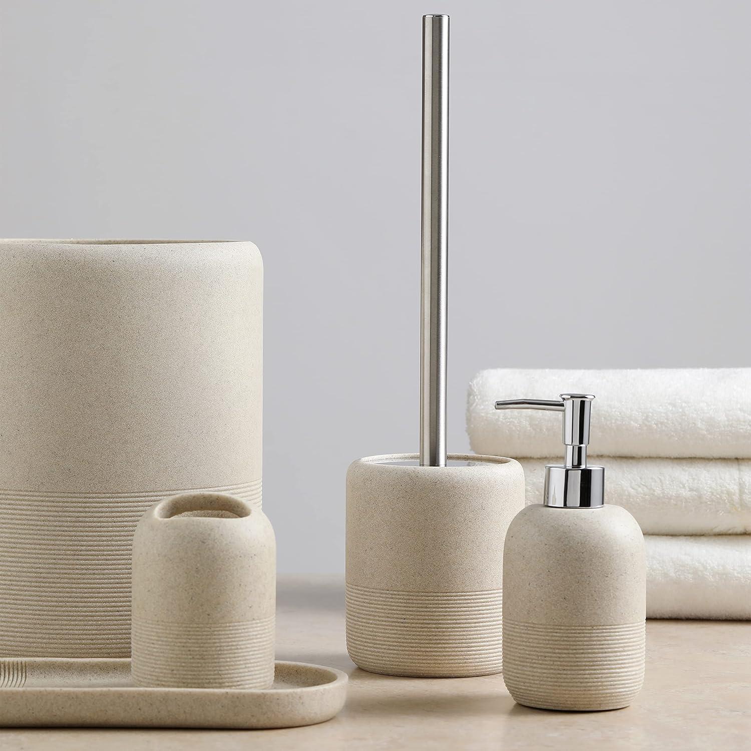 Beige Oval Ceramic Toilet Brush and Holder Set