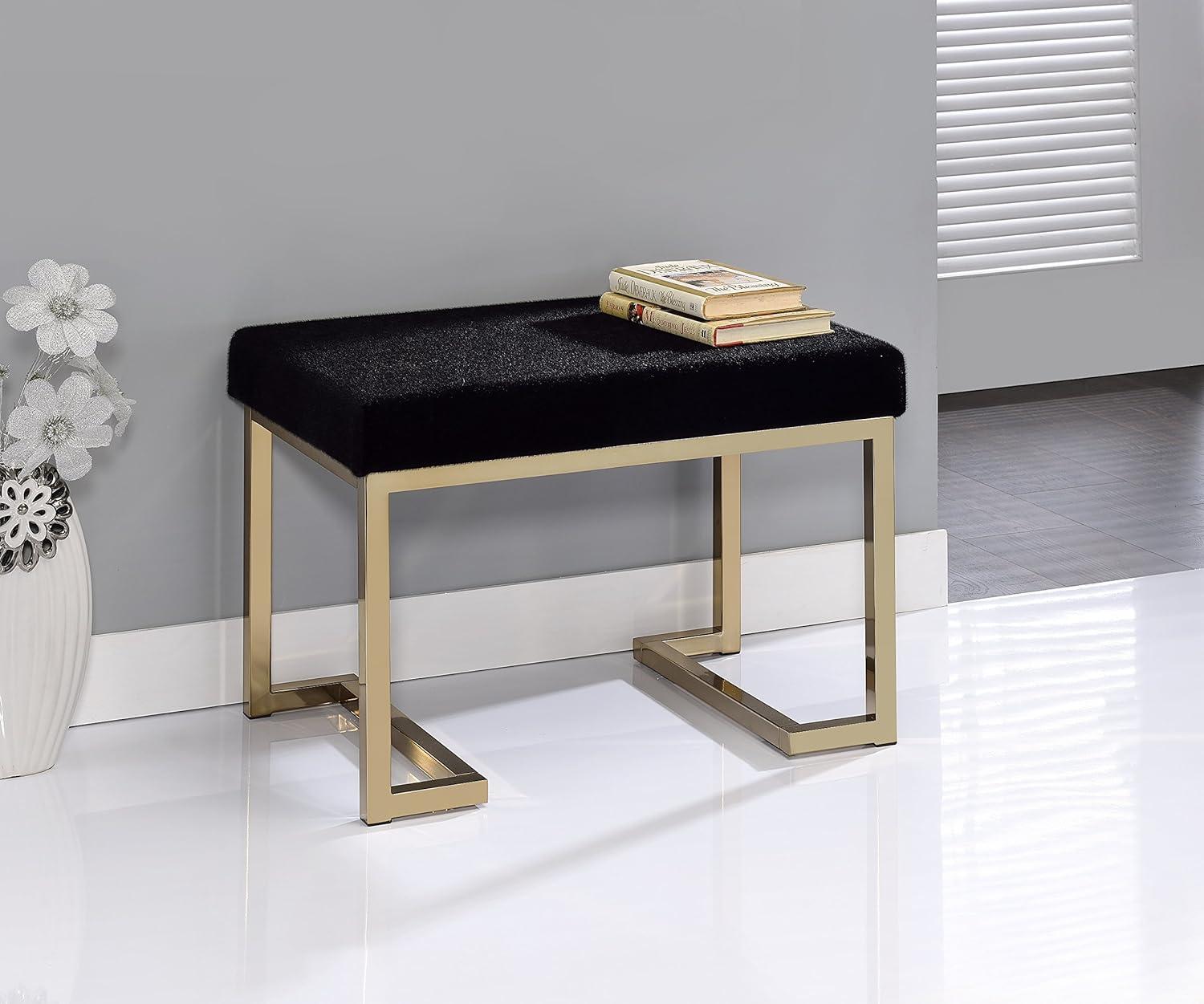 ACME Boice Rectangular Ottoman with Metal Tube in Black Fabric and Champagne