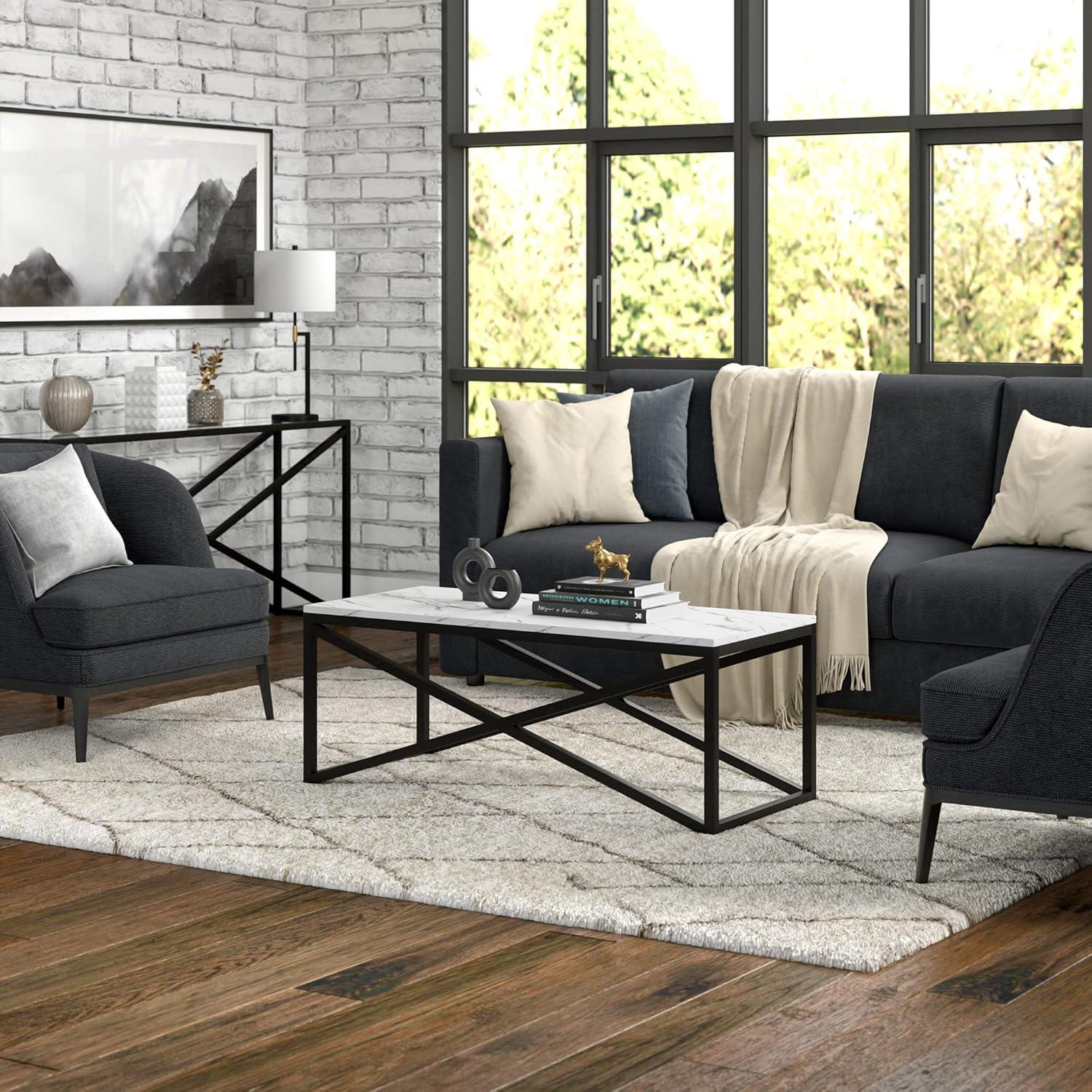 Rectangular Blackened Bronze Coffee Table with Faux Marble Top