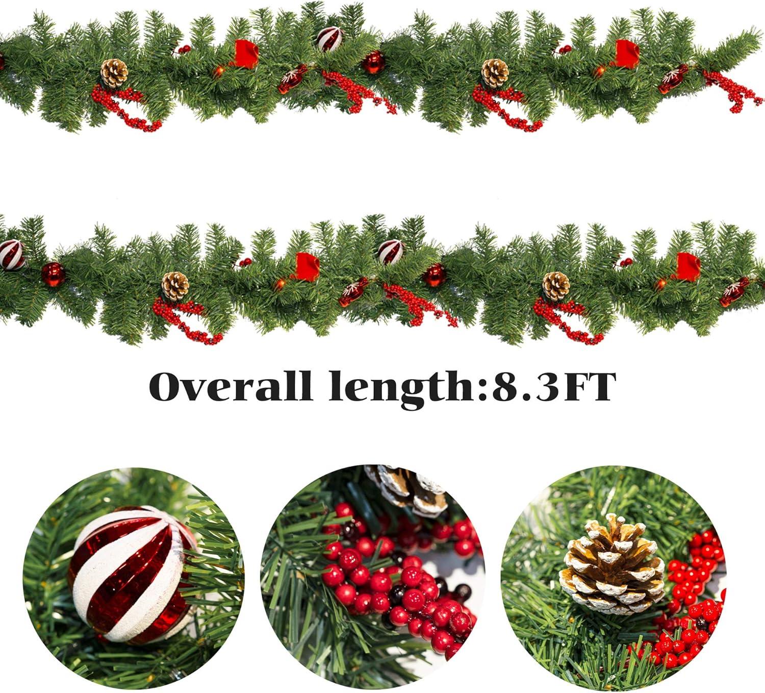 9 Feet Christmas Garland with 50 Lights, Battery Operated Artificial Christmas Flower Vine Plants with Pine Cone Red Berry Garlands for Indoor Outdoor Home Christmas Decorations