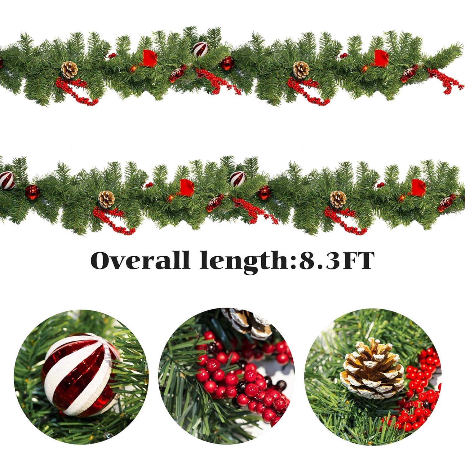 9 Feet Christmas Garland with 50 Lights, Battery Operated Artificial Christmas Flower Vine Plants with Pine Cone Red Berry Garlands for Indoor Outdoor Home Christmas Decorations