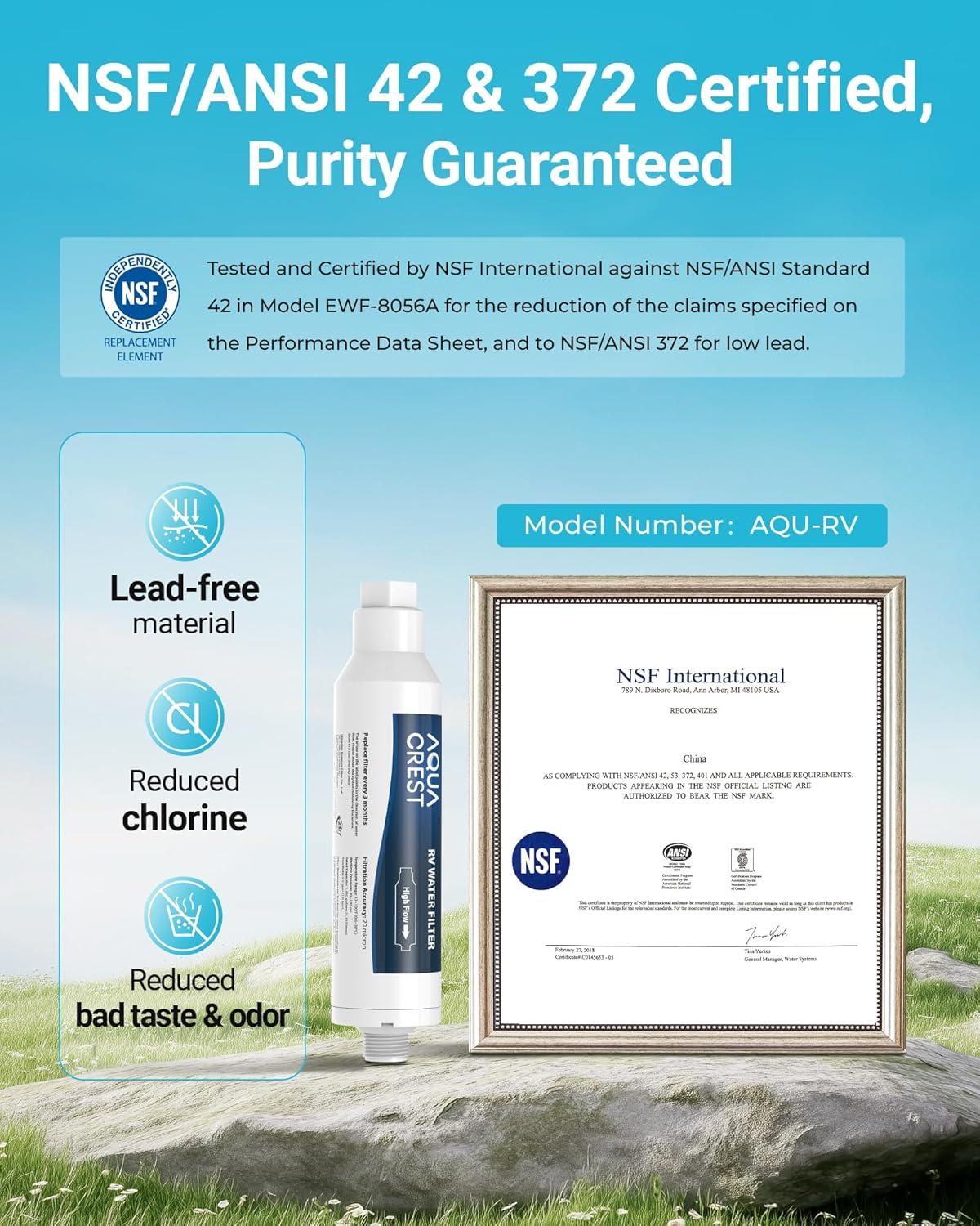 2 PACK, AQUA CREST RV Inline Water Filter with Hose Protector, NSF Certified, Greatly Reduces Chlorine, Bad Taste, Odor in Drinking Water, KDF Filter for RVs and Marines (Packaging May Vary)