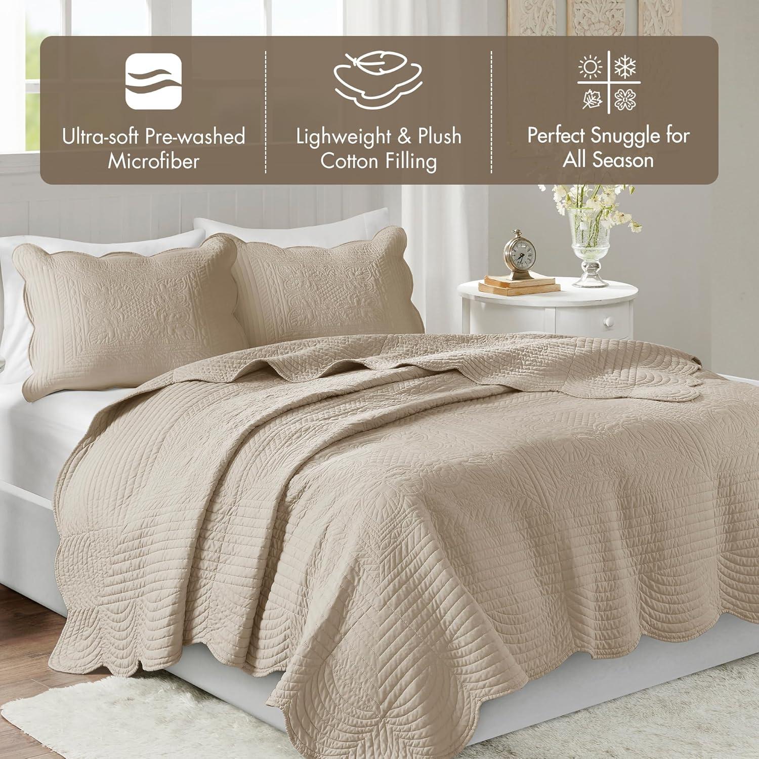 Madison Park 3pc Full/Queen Genoa Reversible Scalloped Edge Quilt Set Khaki