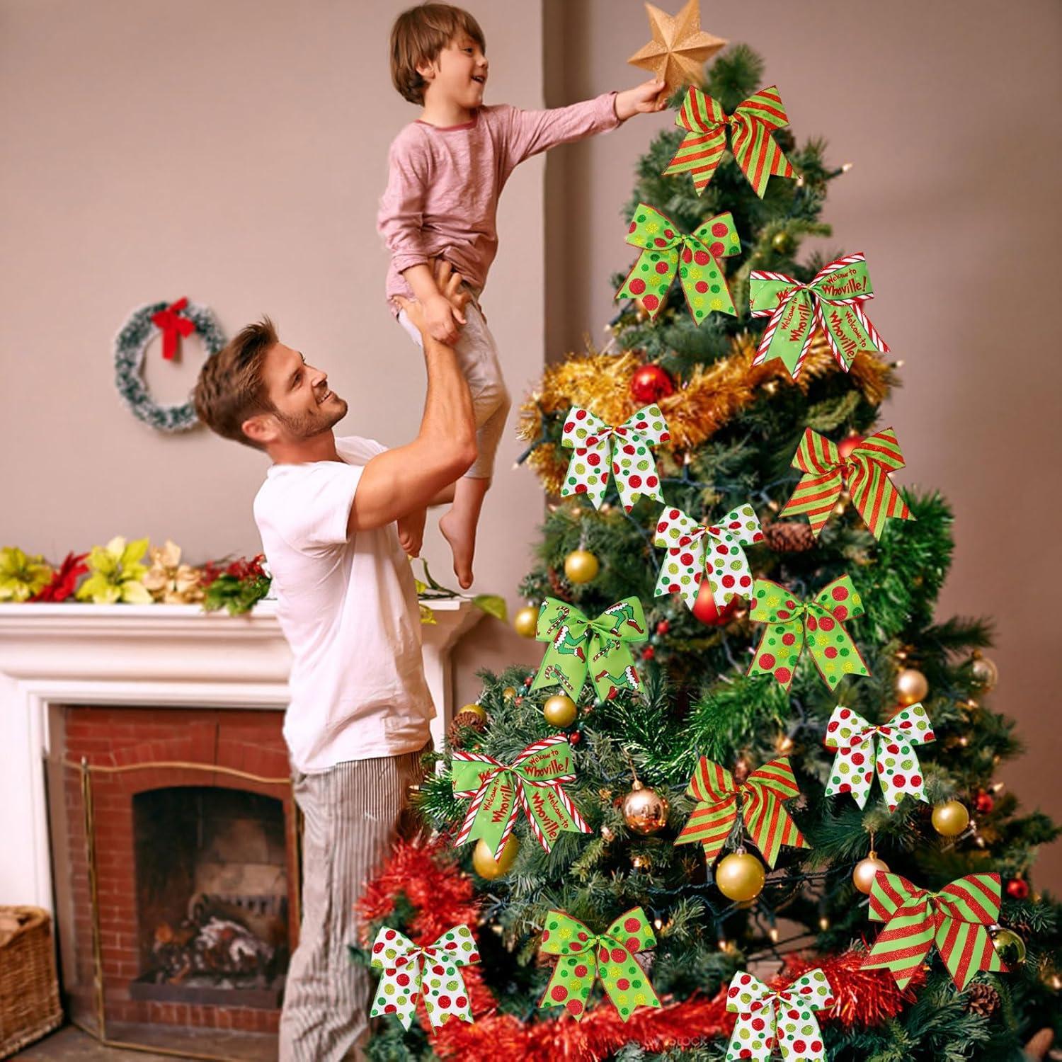 Sandistore Cute Cars 12pcs Christmas Tree Bows Ornaments 6 Inch Large Christmas Wreath Bows Red Green Xmas Tree Bows Christmas Glitter Dot Bows Ribbons Decoration For Garland Diamonds for Crafts