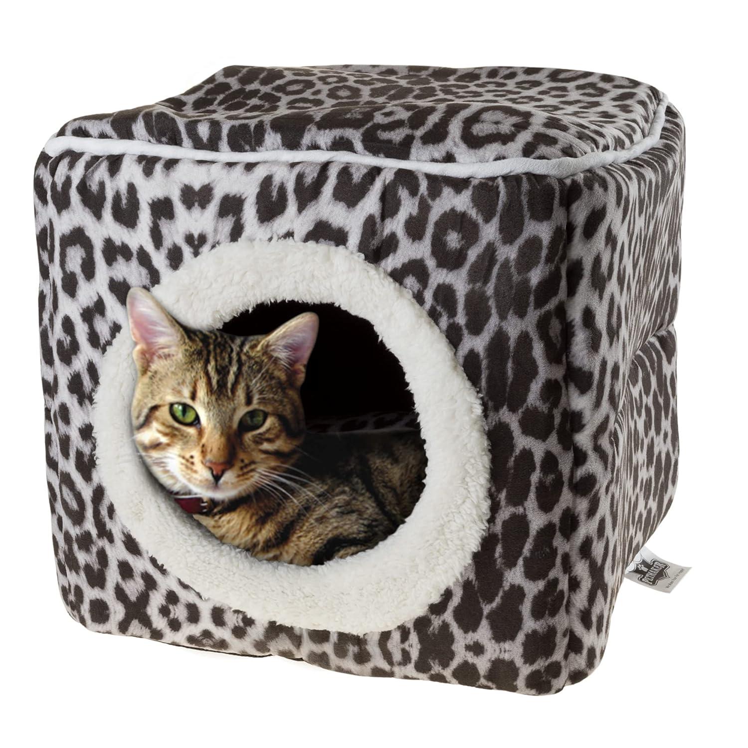 Cat House - Indoor Bed with Removable Foam Cushion - Cat Cave for Puppies, Rabbits, Guinea Pigs, and Other Small Animals by PETMAKER (Animal Print)
