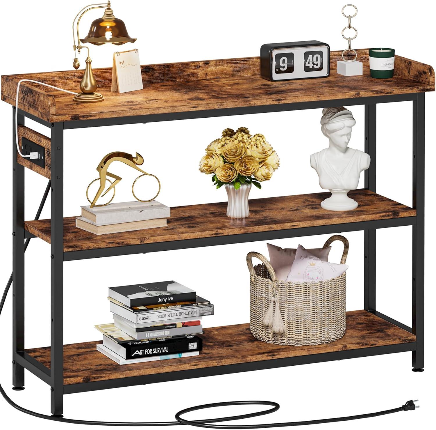 Rustic Brown 43" Console Table with Power Outlet and Storage