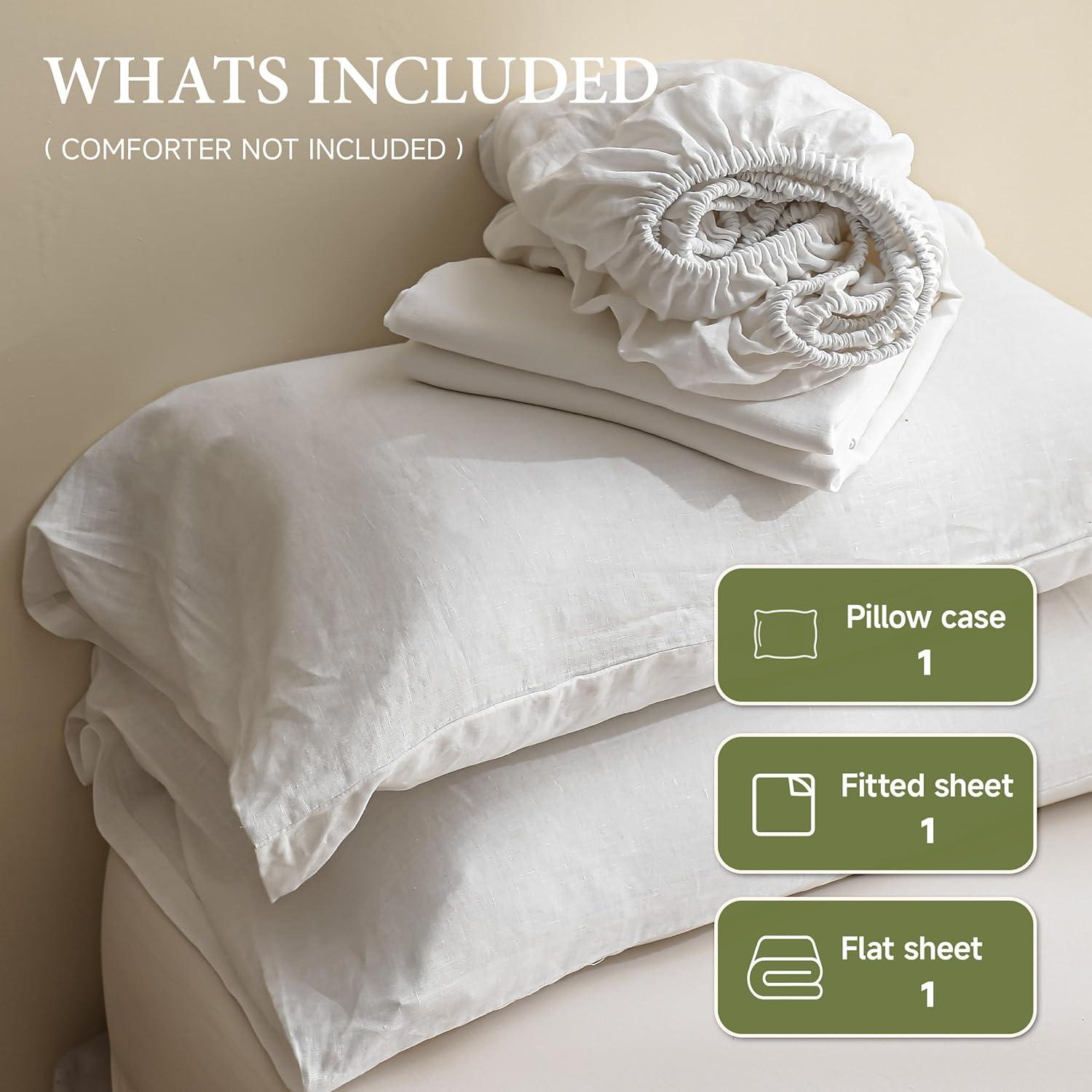 Simple&Opulence Belgian Linen Sheet Set Solid Color - 4 Pieces (1 Flat Sheet, 1 Fitted Sheet & 2 Pillowcases) Natural Flax Cotton Blend Soft Breathable Farmhouse Bedding - Full Size, White