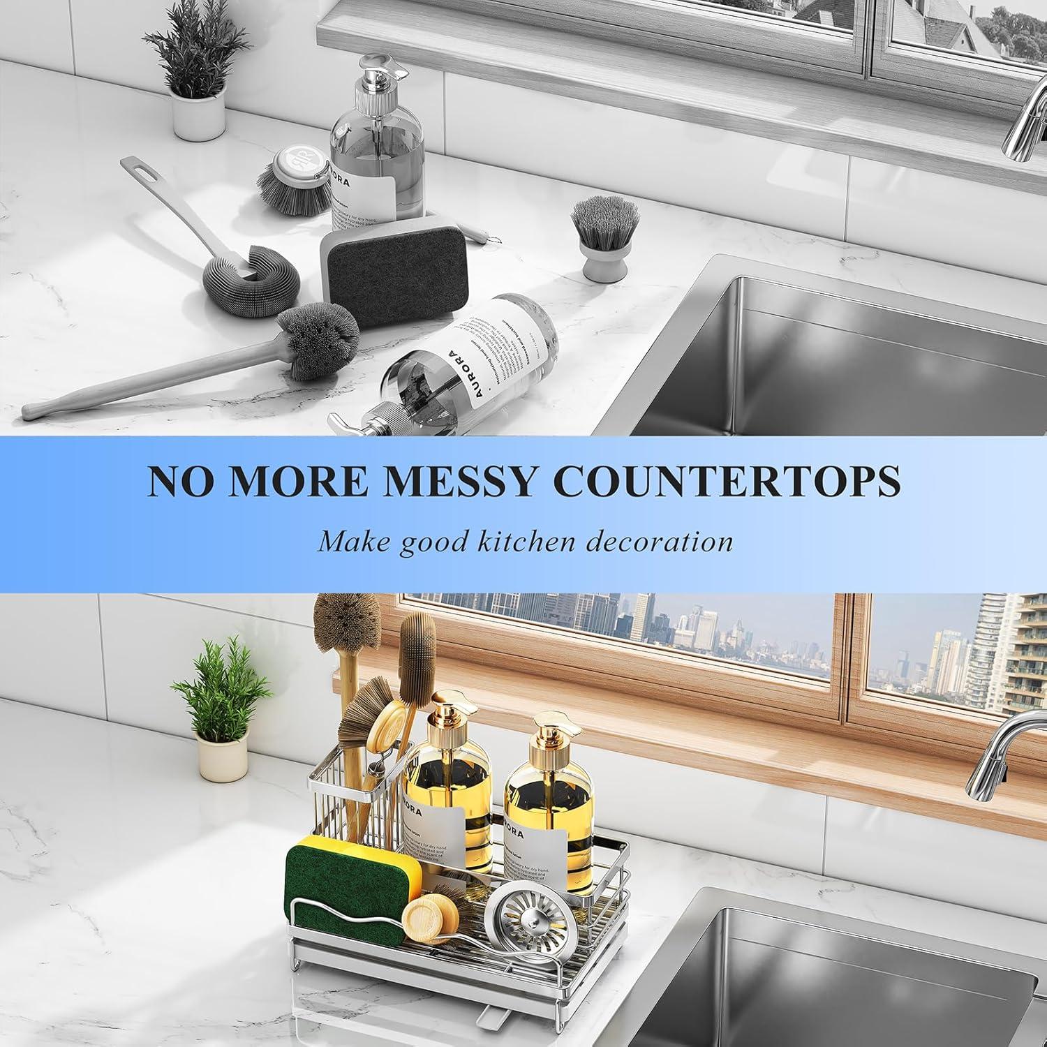 COAHAHA Rust Resistant Stainless Steel Sink Caddy - Large Capacity With Removable Brush Rack