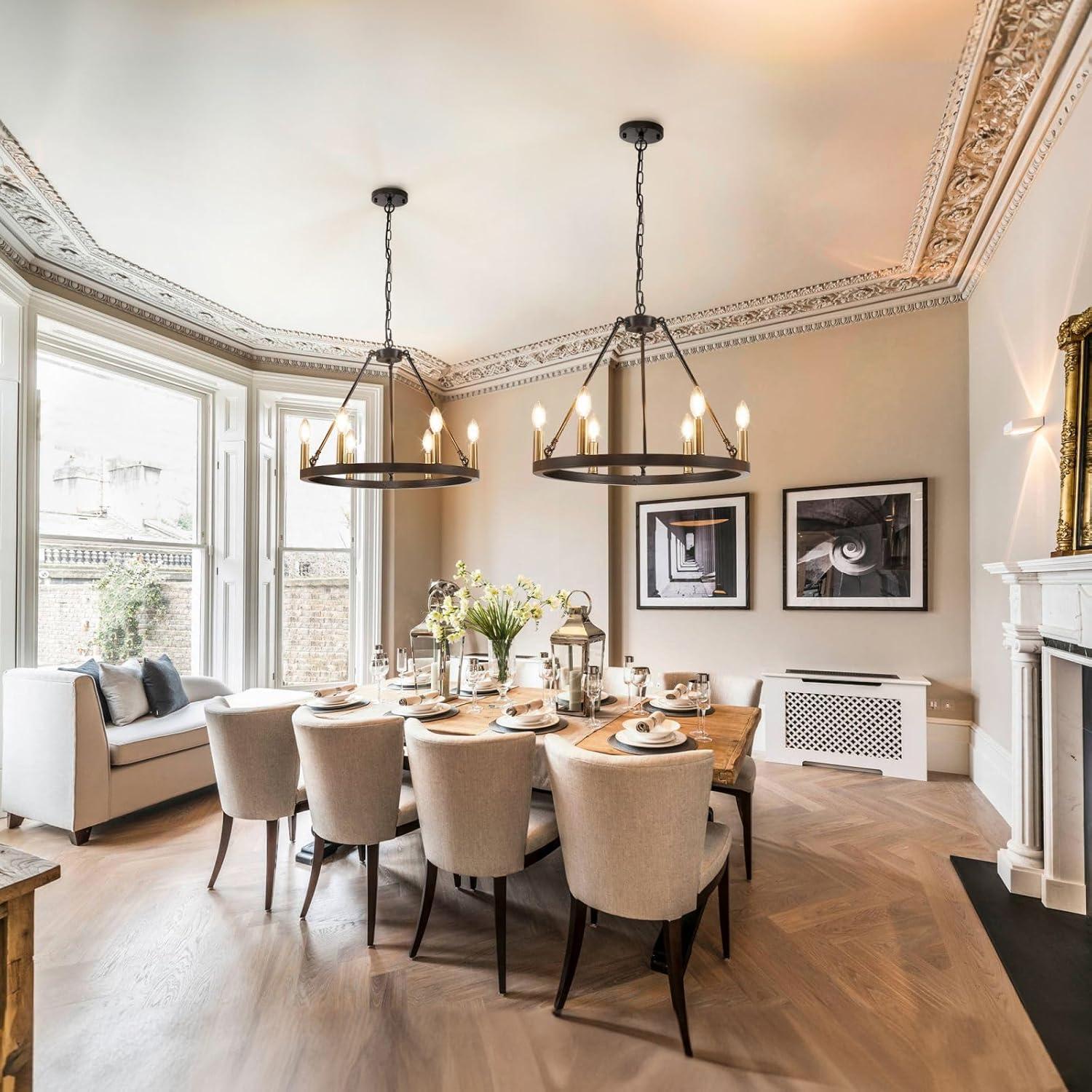 6-Light Black and Gold Chandelier, Farmhouse Wagon Wheel Chandelier, Round Chandeliers for Dining Room, Rustic Kitchen Island Iight Fixtures, Dining Room Light Fixtures Over Table