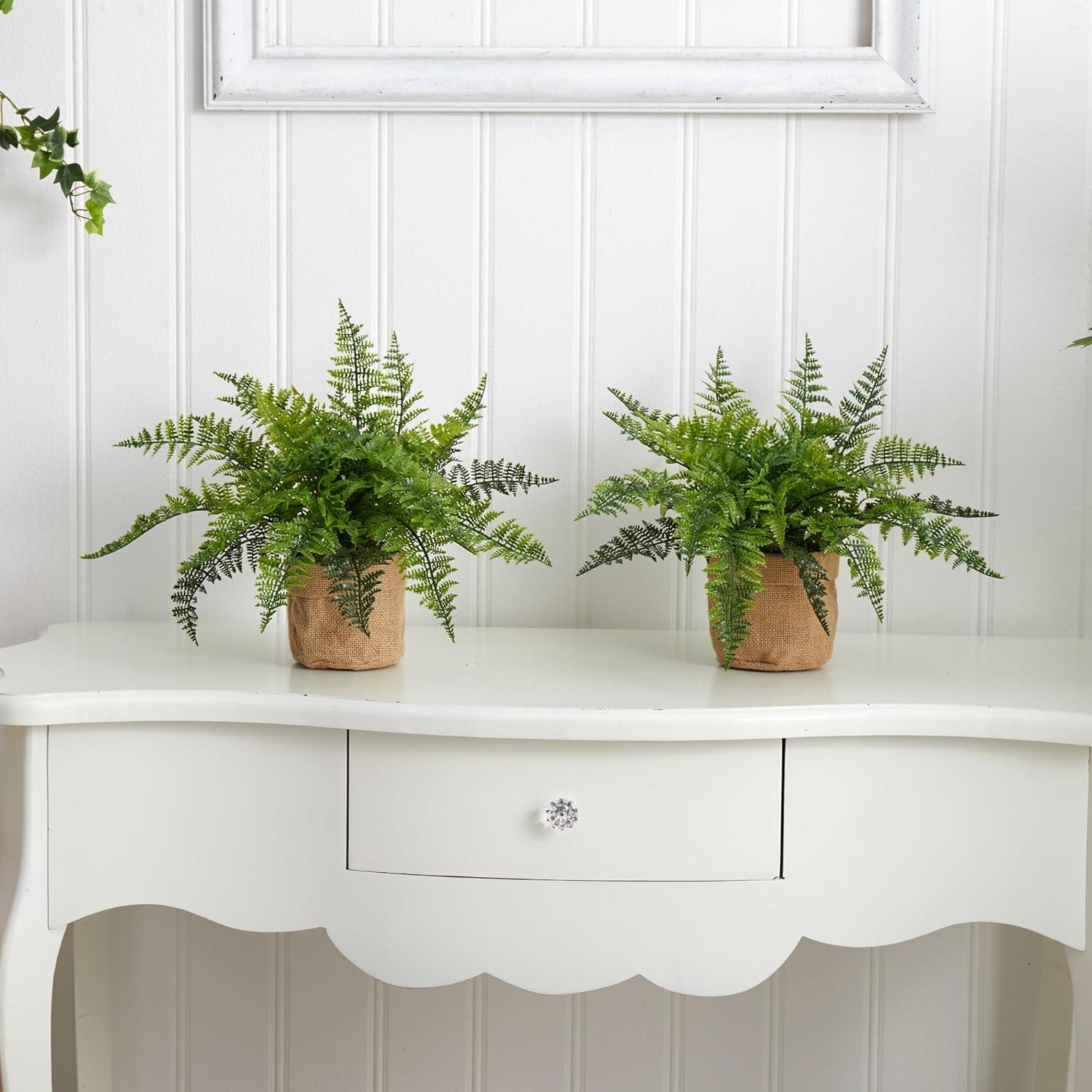 Set of 2 Green Faux Ferns in Burlap Pots