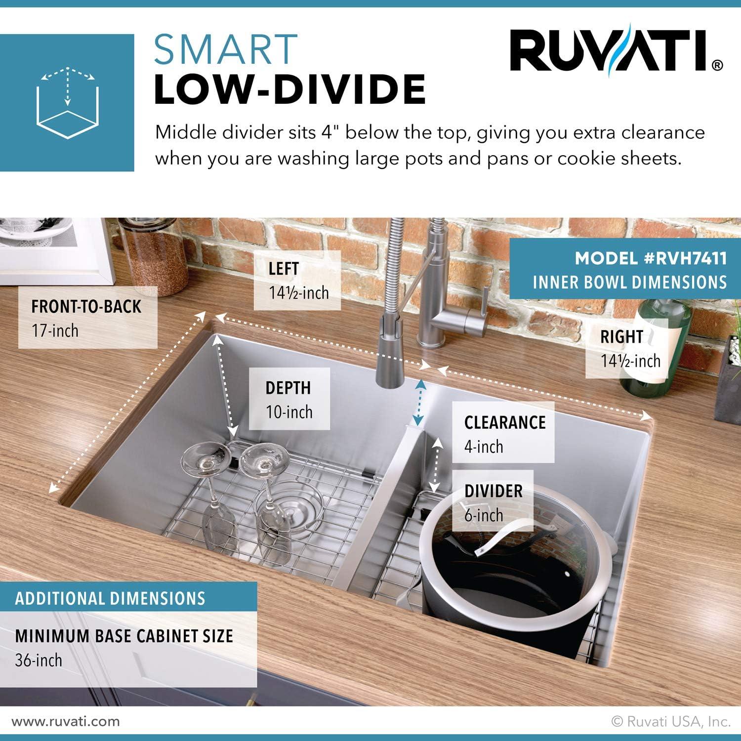 Ruvati 32-inch Low-Divide Undermount 50/50 Double Bowl Rounded Corners Stainless Steel Kitchen Sink