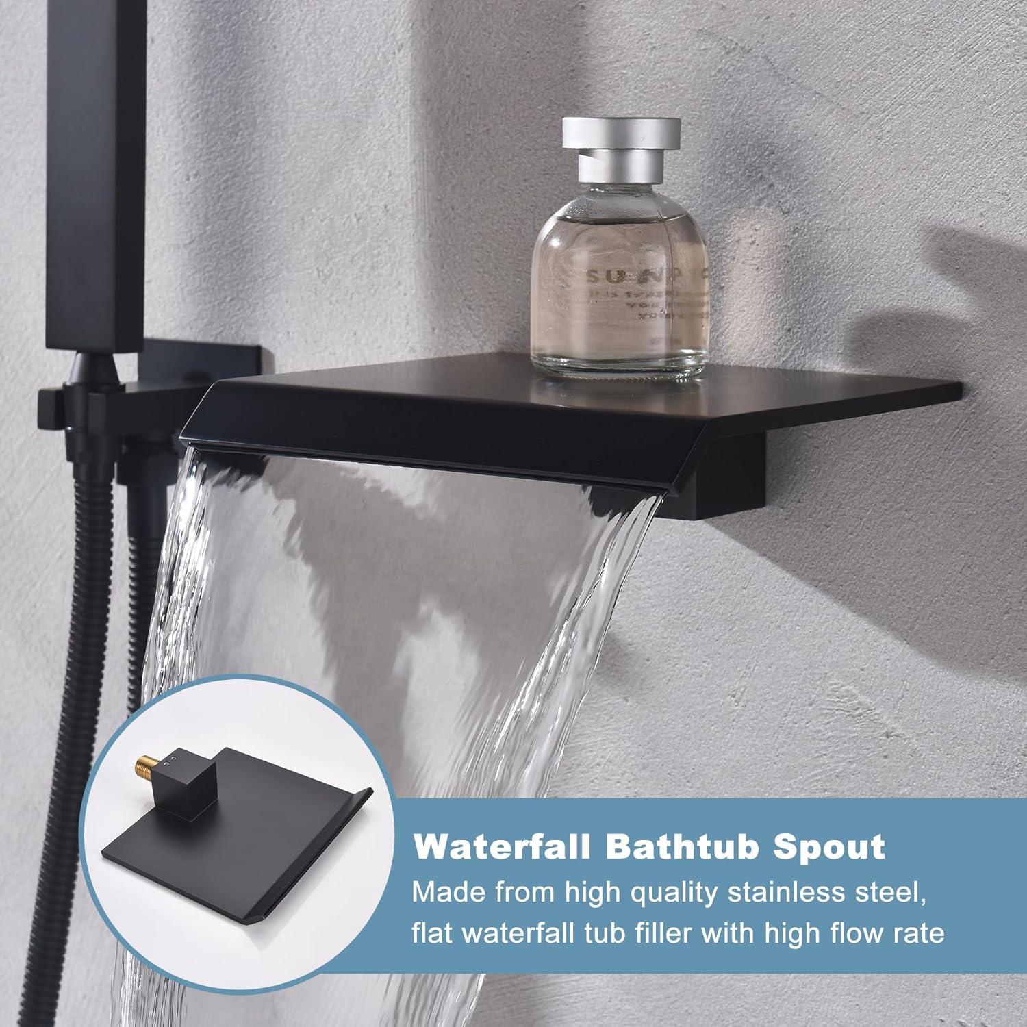 Matte Black Wall-Mount Waterfall Tub Faucet with Handheld Shower