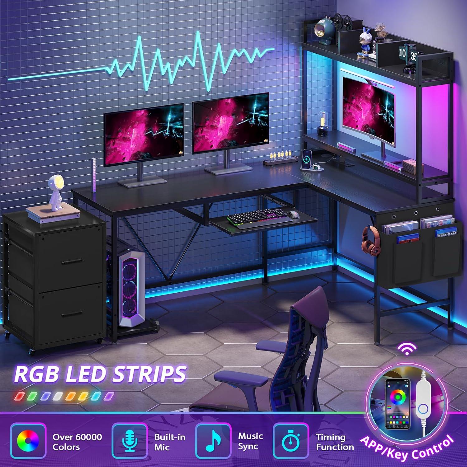 ADORNEVE Adult Collection Modern L-Shaped Power Outlet and LED Strip Desk, Rustic Brown