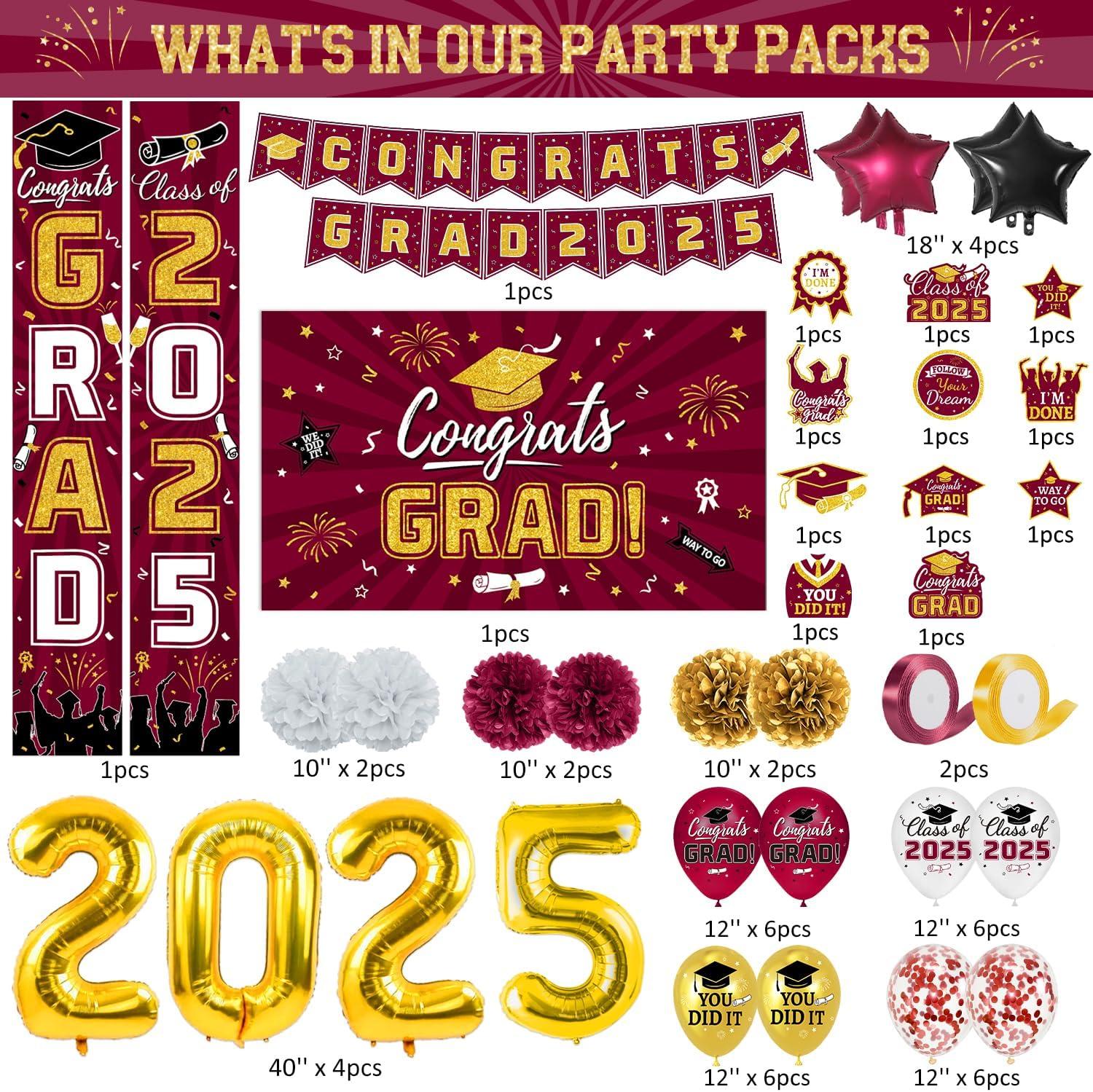 2025 Graduation Party Decoration, Red Gold Themed Set with Congrats Grad Banner, Balloons, Foil Number 2025 for Class of 2025 Graduation Party Supplies