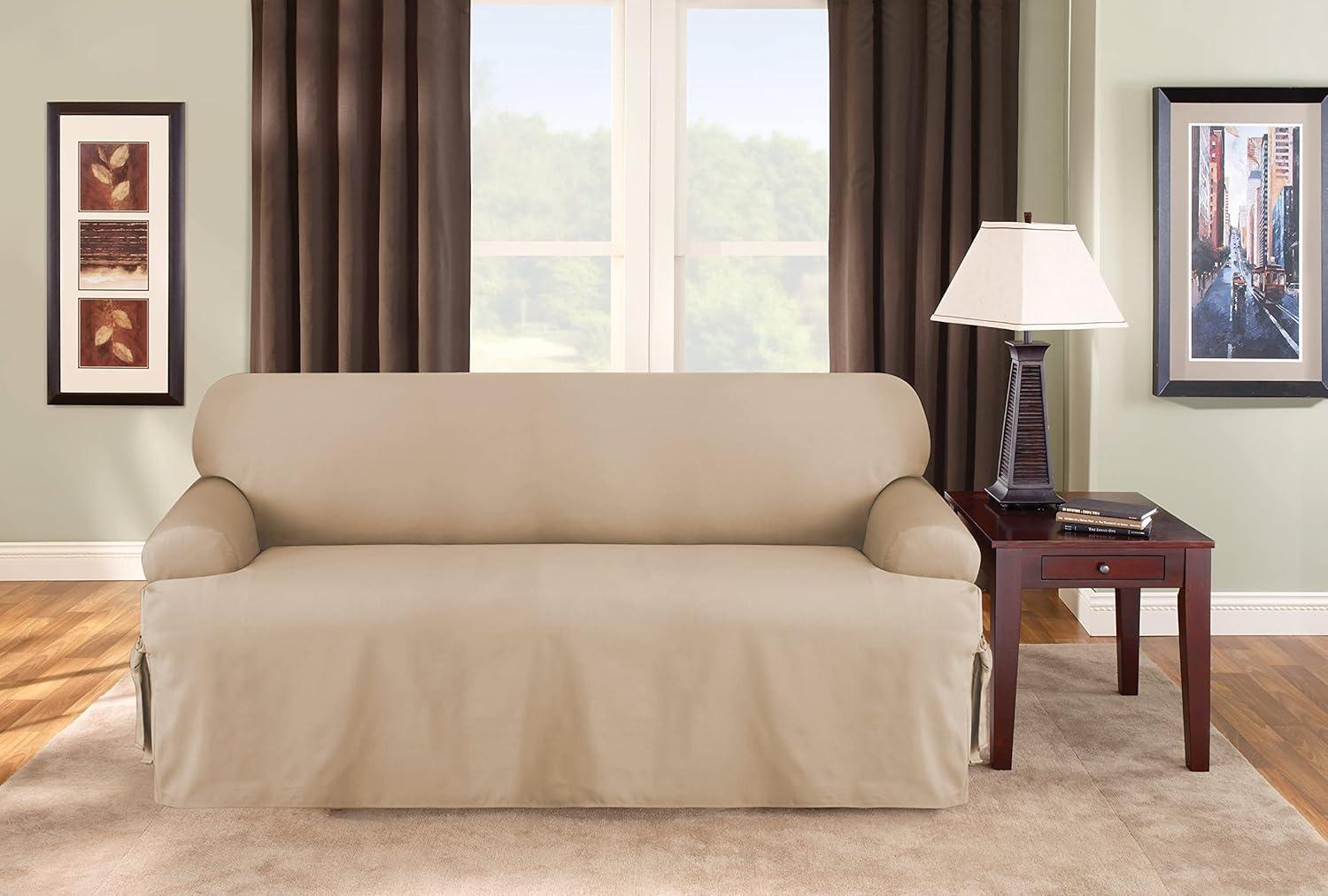 Duck T Cushion Sofa Slipcover Tan - Sure Fit: Cotton Fabric, Machine Washable, Indoor Stretch Fit Cover