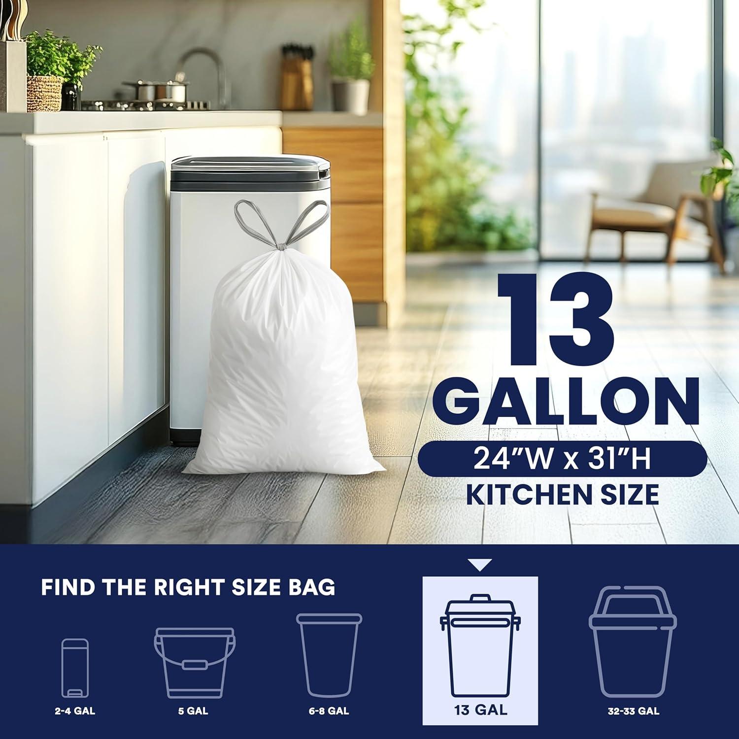 Plasticplace 13 Gallon Extra Tall Drawstring Kitchen Bags, 200 Count, White
