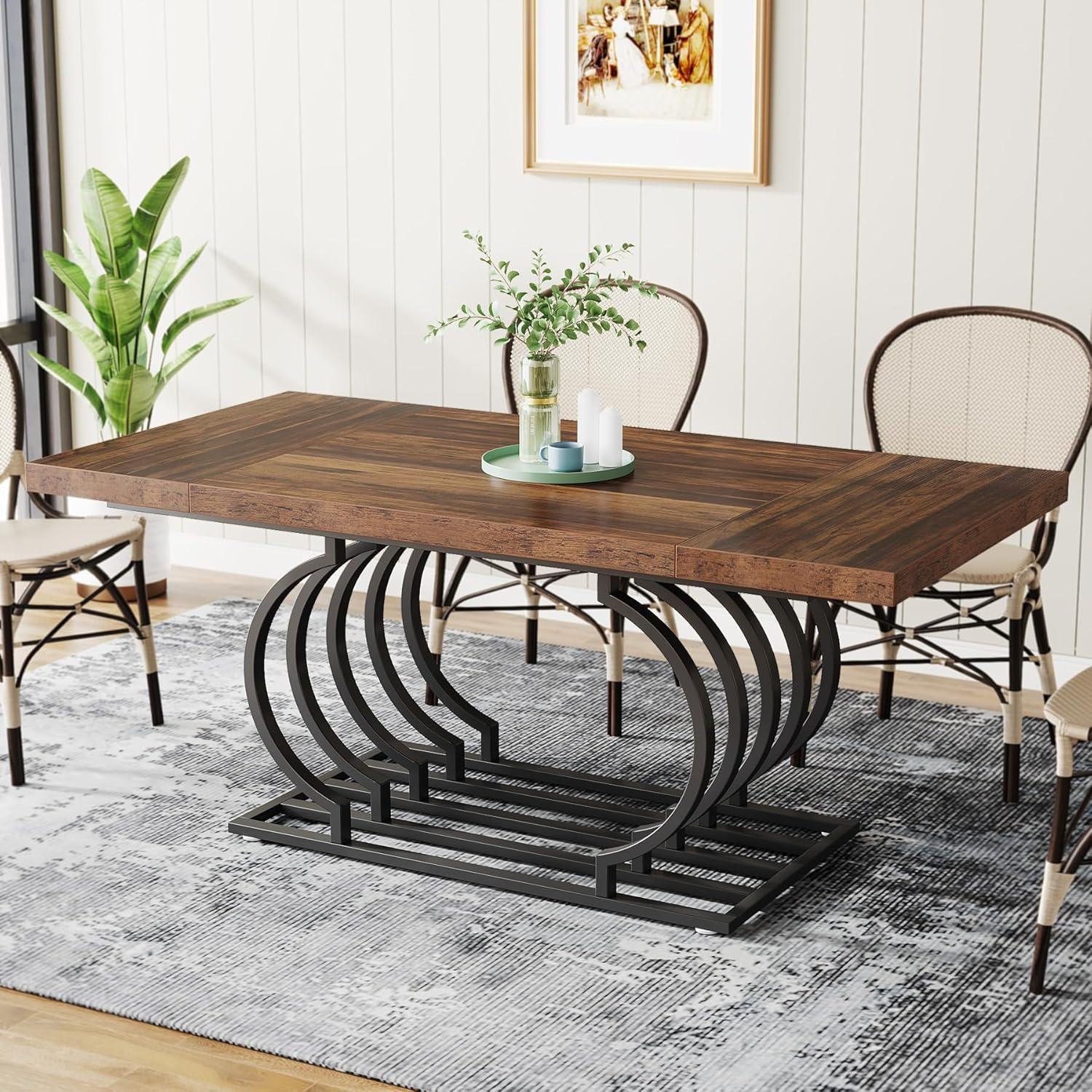 63" Brown Faux Marble Dining Table with Geometric Metal Base