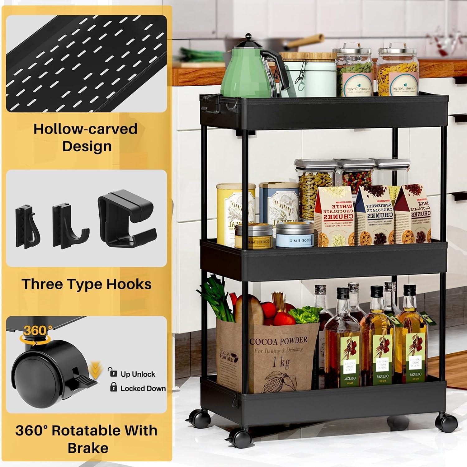 Black 3-Tier Rolling Plastic Storage Cart with Wheels