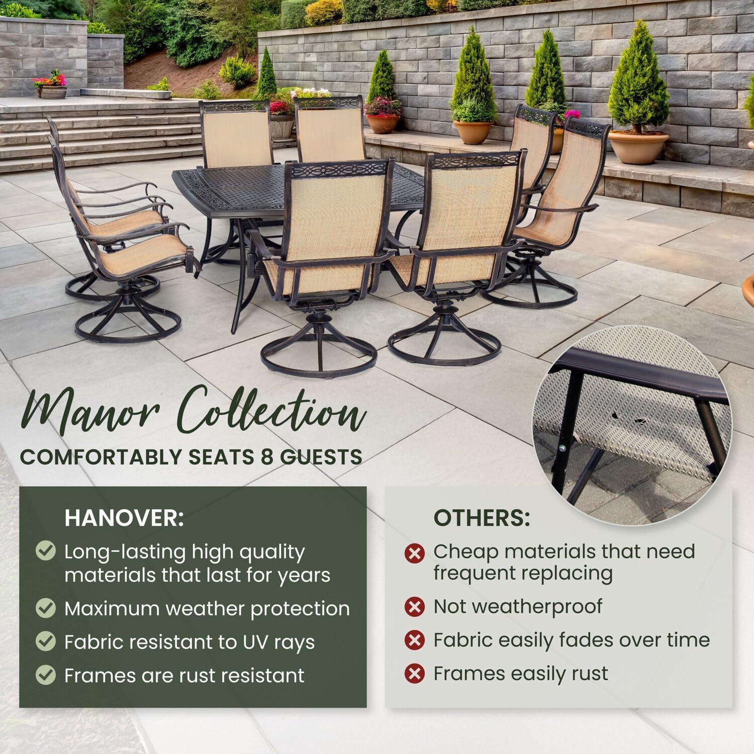 Hanover Outdoor Manor Juego de Comedor para Exterior de 9 Piezas con 8 Balancines Giratorios, Cedro/bronce