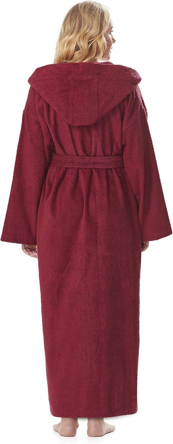 Women's Cotton Hooded Full Length Turkish Bathrobe Burgundy Small