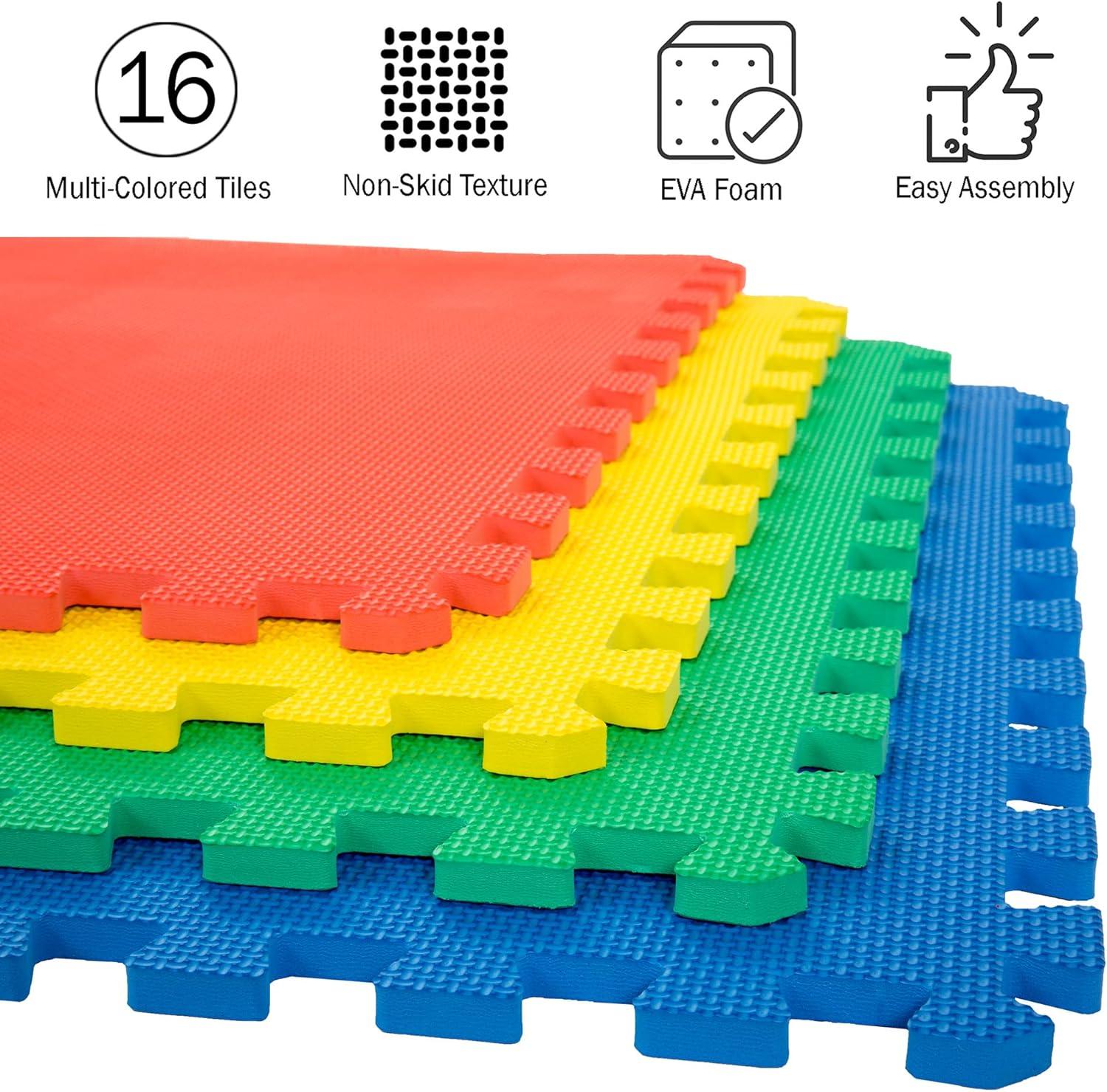 Foam Flooring Tiles – 16-Pack Interlocking EVA Foam Pieces – Non-Toxic Floor Padding for Playroom, Gym, or Basement by Stalwart (Multi-Colored)