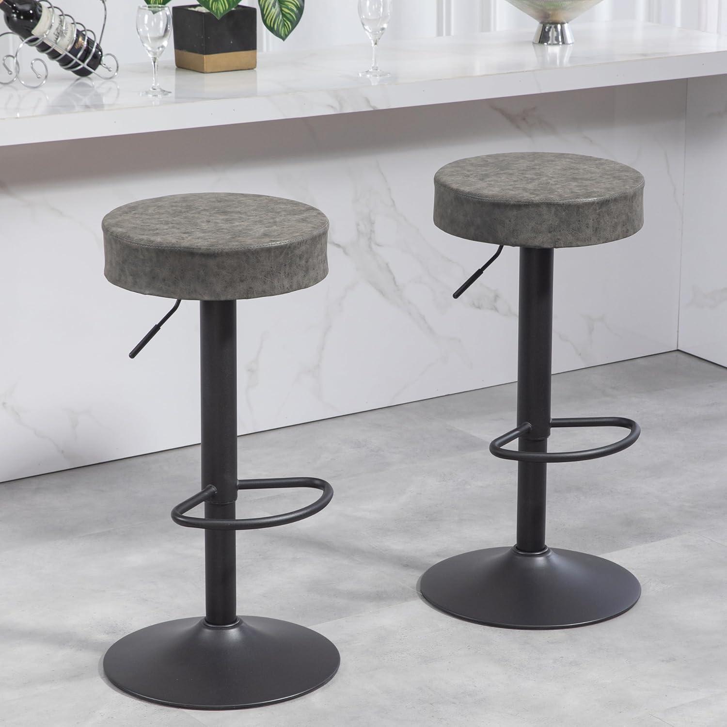 Adjustable Gray Leather and Metal Swivel Bar Stools