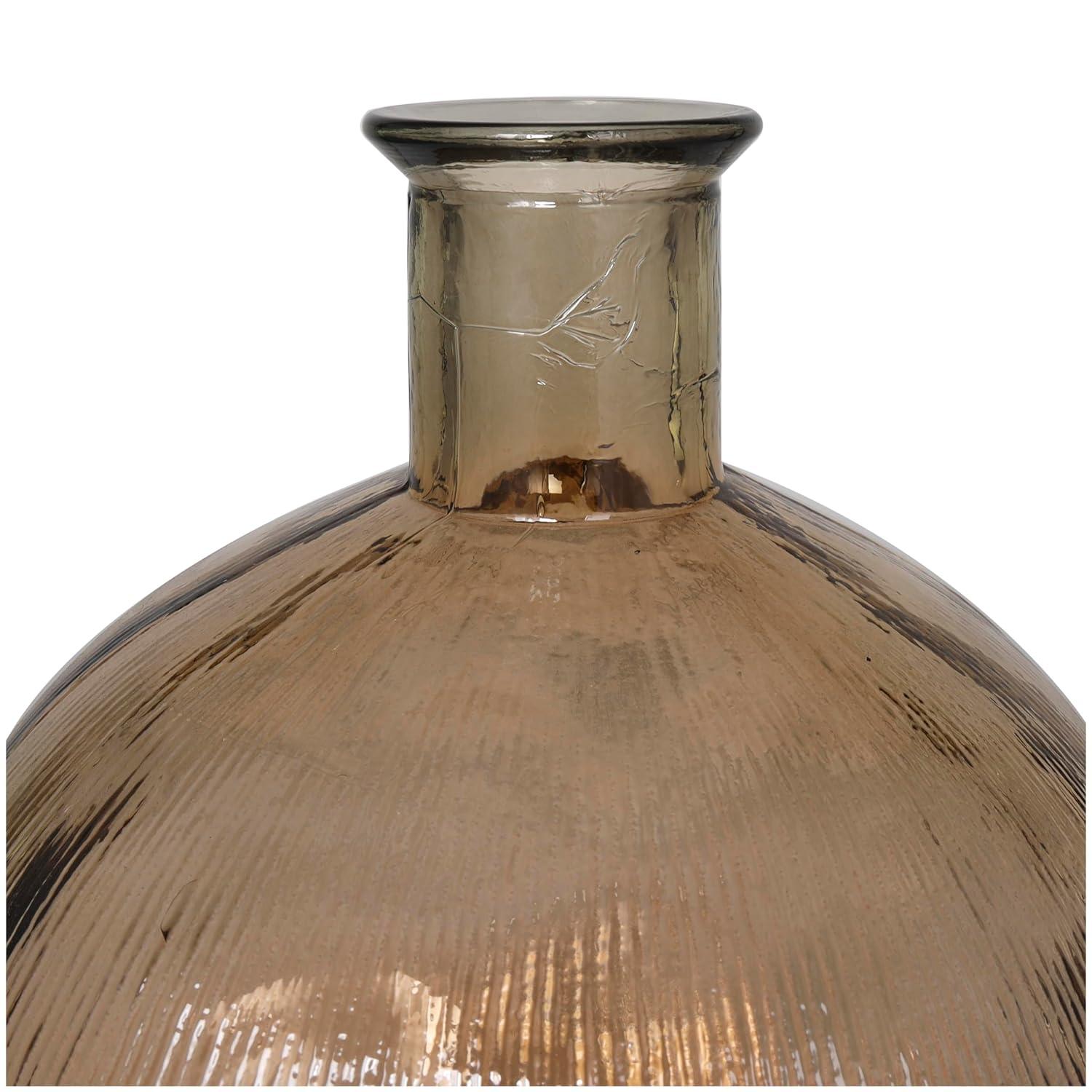 Deco 79 Recycled Glass Handmade Decorative Vase Spanish Bottle Neck Ribbed Centerpiece Vase, Flower Vase for Home Decoration 13" x 13" x 17", Brown