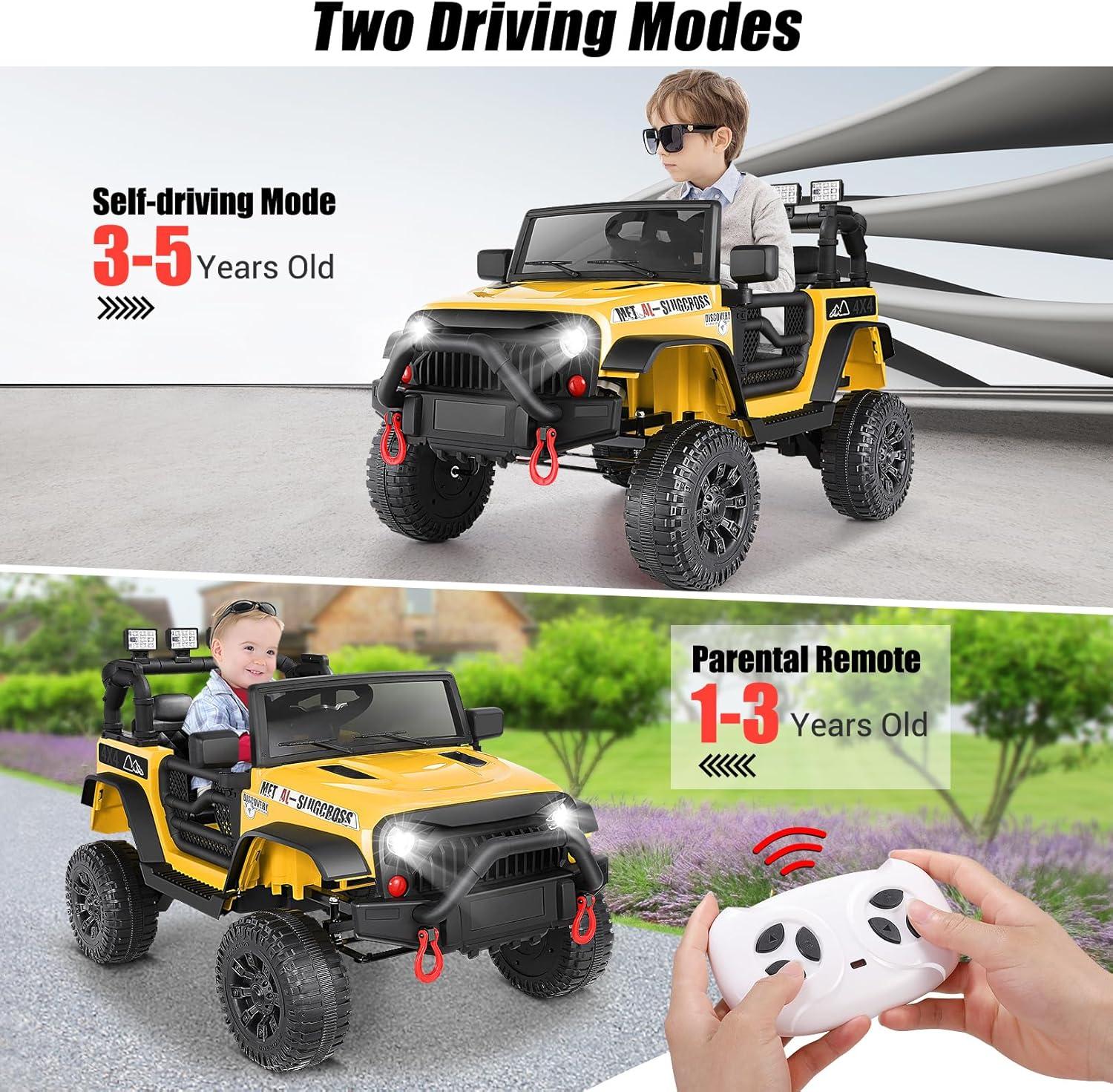 24V Electric Ride on Jeeps for Kids, Ride On Car Truck with Remote Control, Battery Power Car Wheels for Kids w/LED Lights, Bluetooth, Music, 3 Speeds, 24 Volt Ride on Toys for Boys and Girls