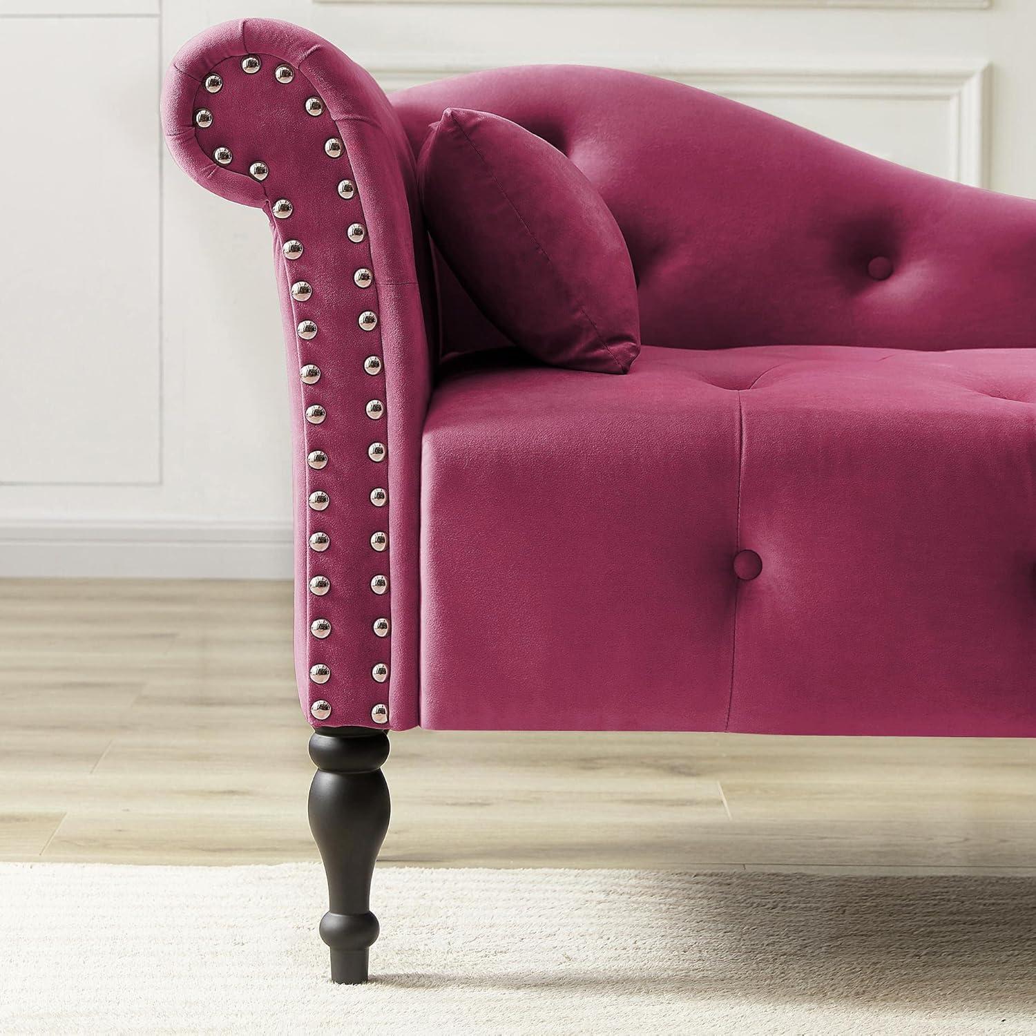 Burgundy Velvet Chaise Lounge with Mahogany Wood Legs