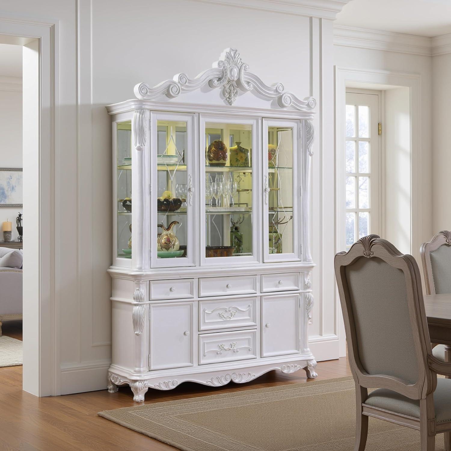 Benjara Zenie Buffet Cabinet and Hutch, Classic Carved Details, White Solid Wood