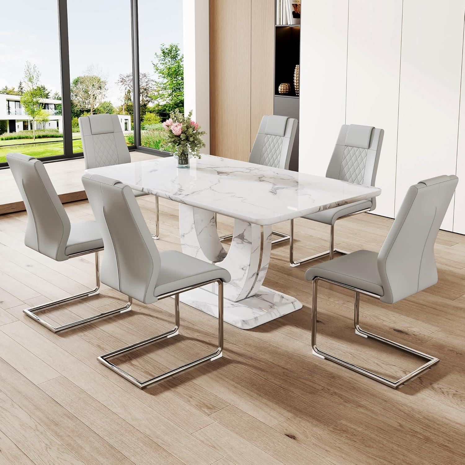 Modern White Faux Marble Dining Table Set with 6 Gray PU Leather Chairs