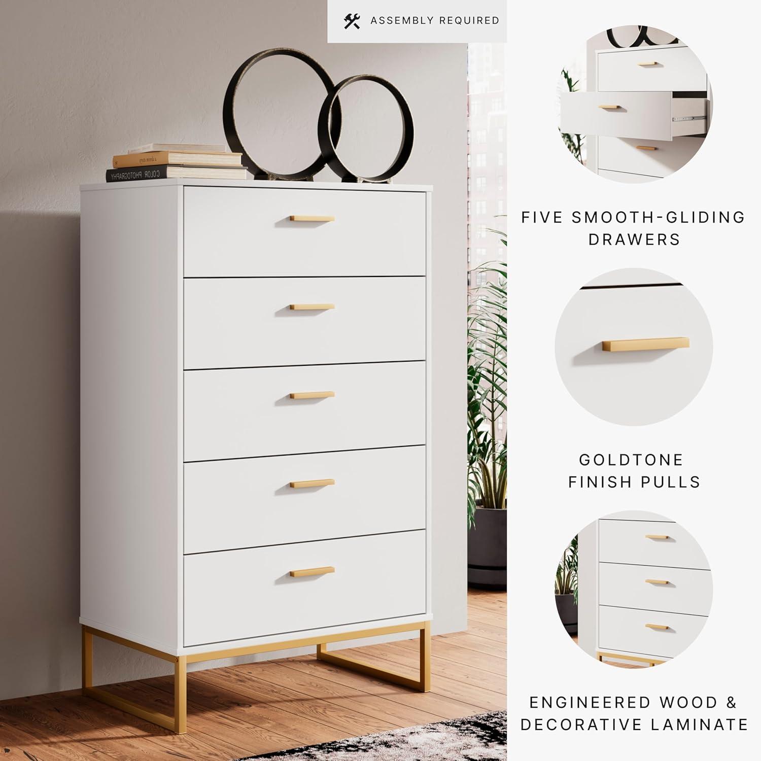 Signature Design by Ashley Socalle 5 Drawer Tall Dresser, White/Gold