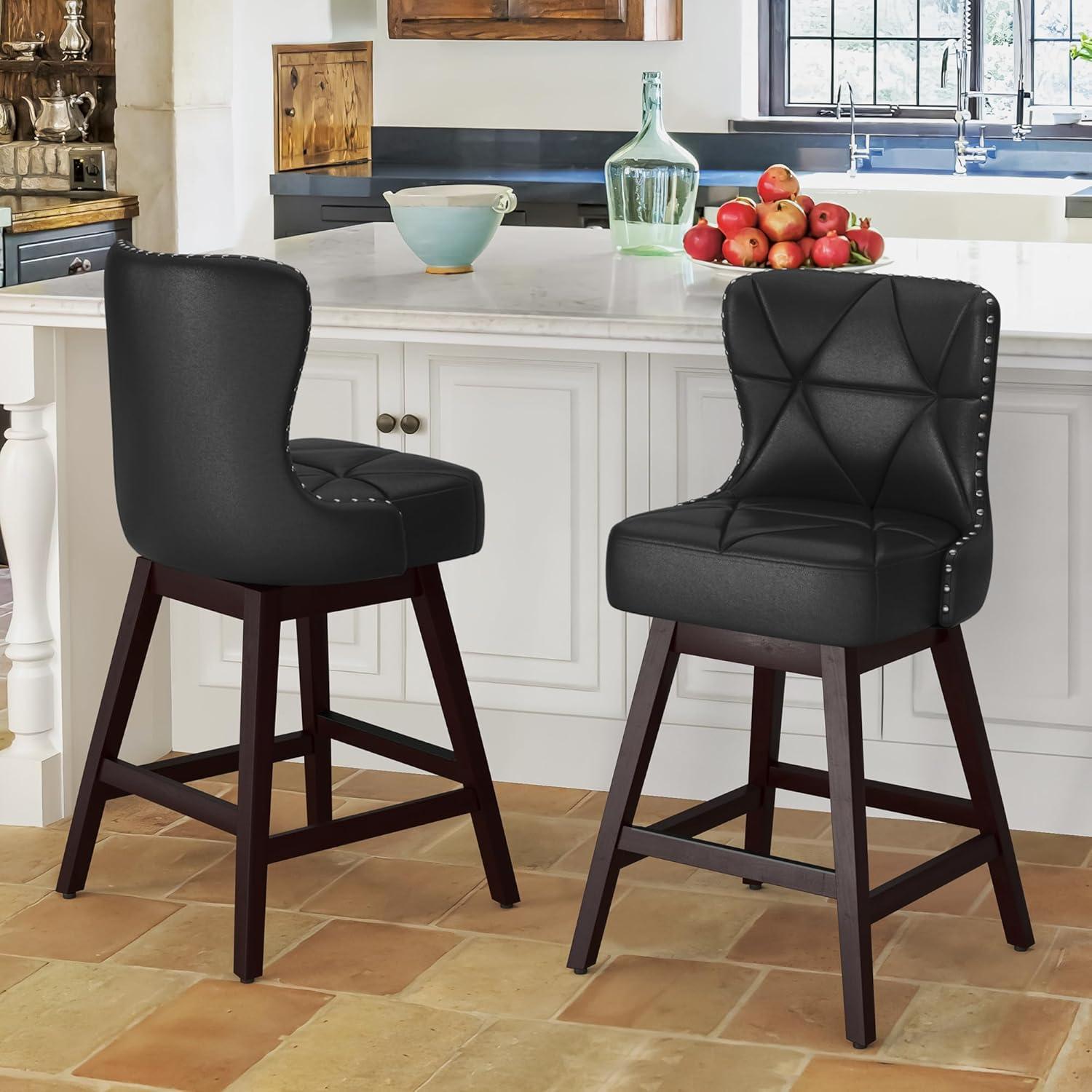 26" Black Faux Leather Swivel Bar Stools with Wood Frame, Set of 2