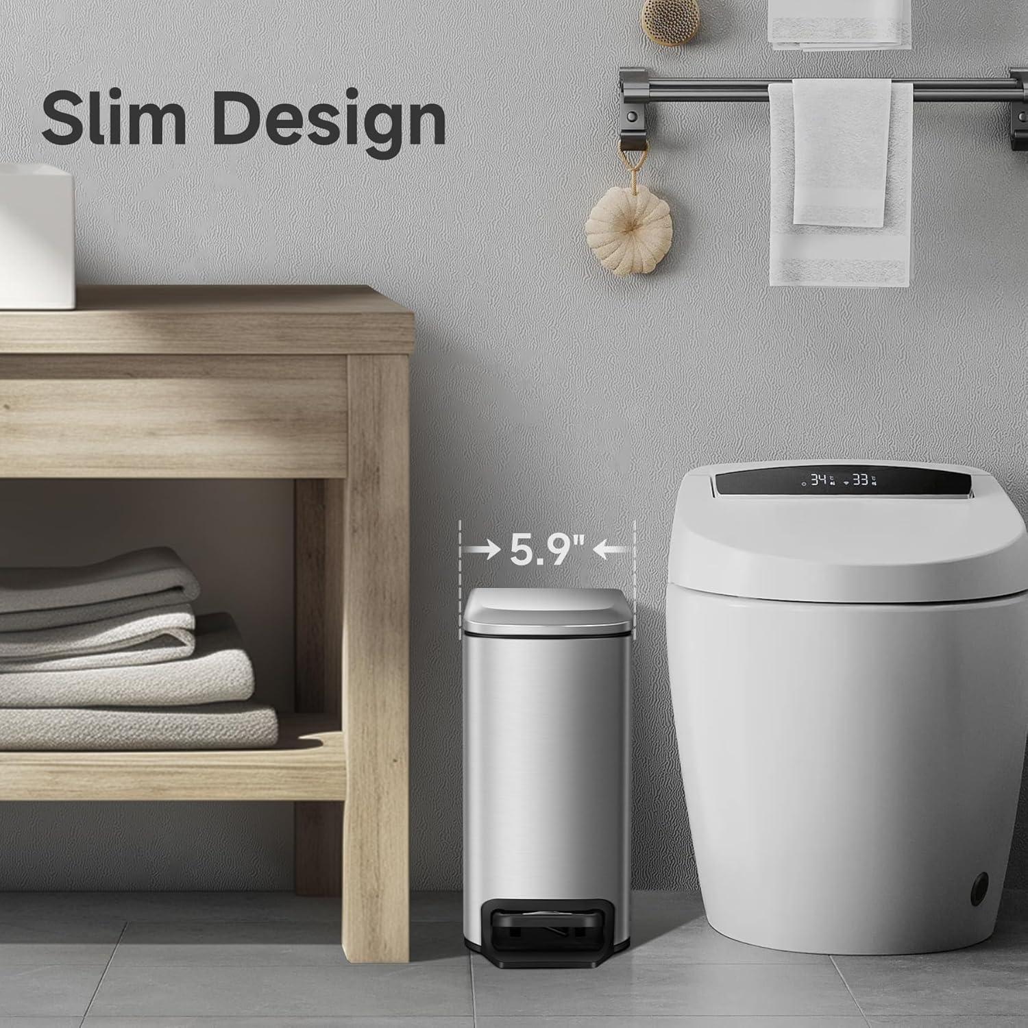 Slim Bathroom Trash Can with Lid Soft Close, 6 Liter / 1.6 Gallon Stainless Steel Garbage Can with Removable Inner Bucket, Step Pedal, Small Trash Cans for Bedroom, Office, Kitchen (Silver)