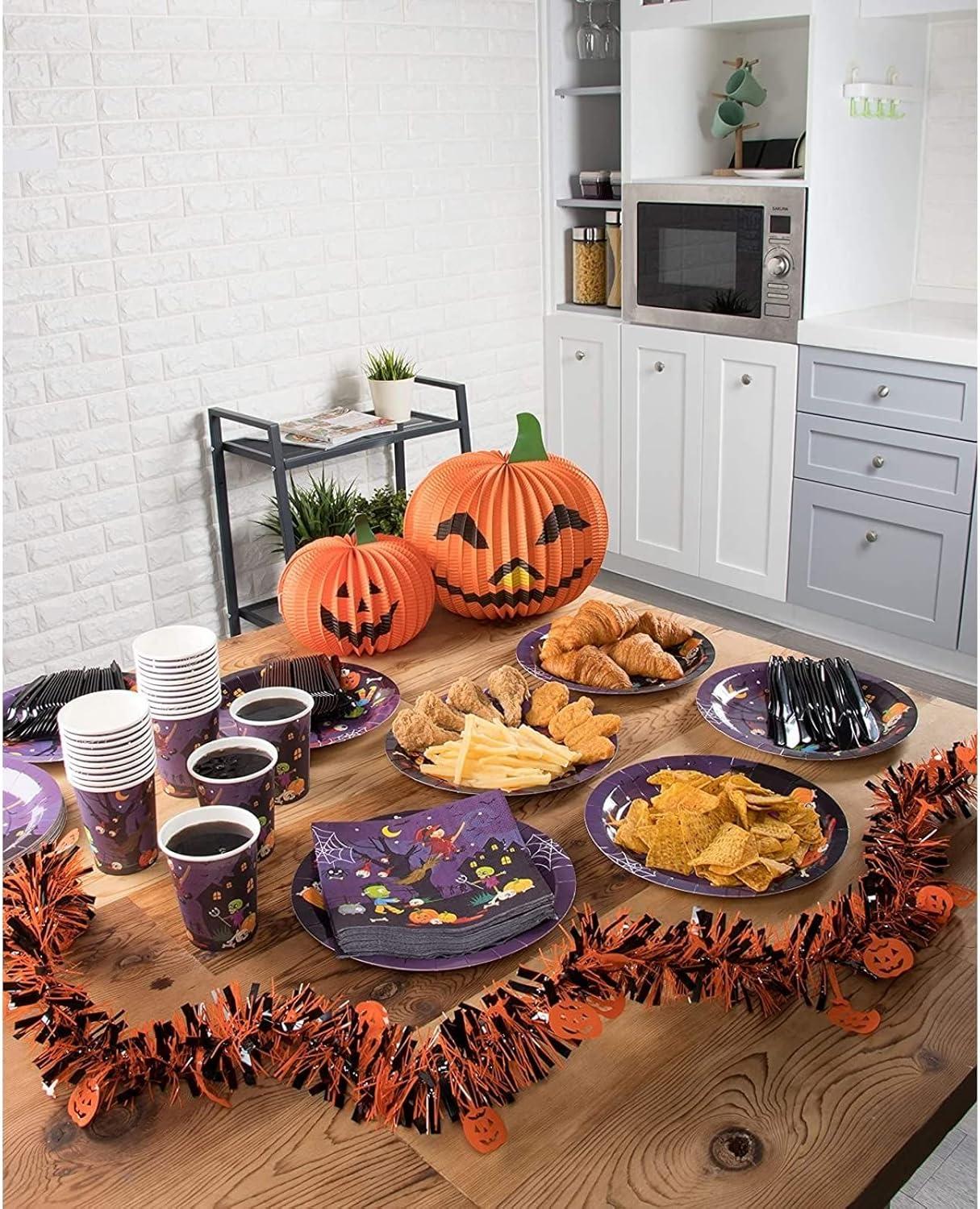 Blue Panda 144 Piece Spooky Halloween Disposable Party Supplies Serves 24 - Plates, Napkins, Cups & Cutlery