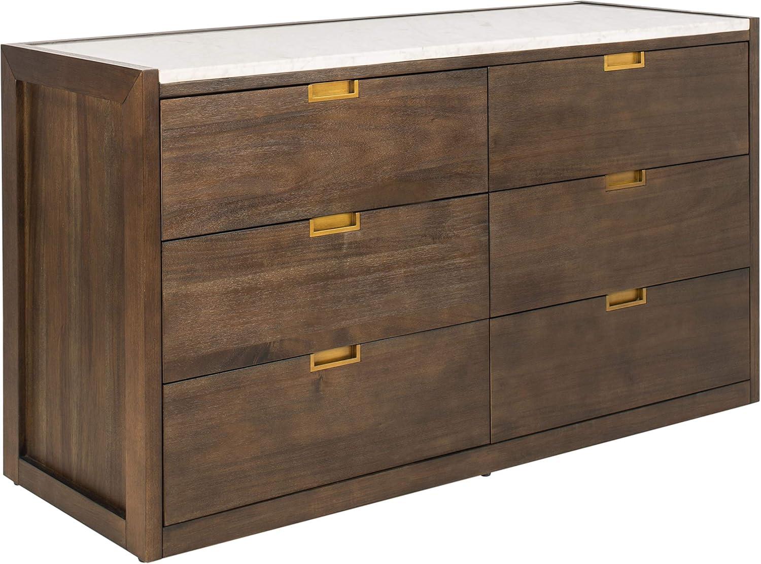 Adeline Dark Chocolate Solid Rubberwood 6-Drawer Dresser with White Marble Top