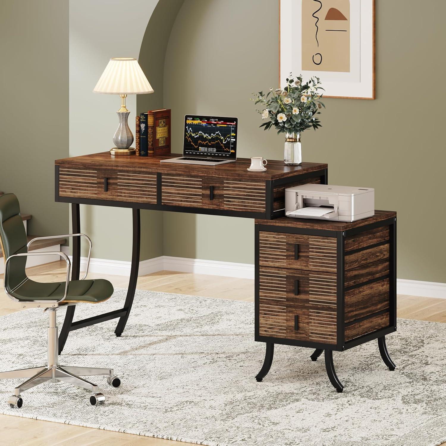 Finmind Computer Desk with 5 Drawers, 55" Home Office Desk with Reversible Drawer Cabinet