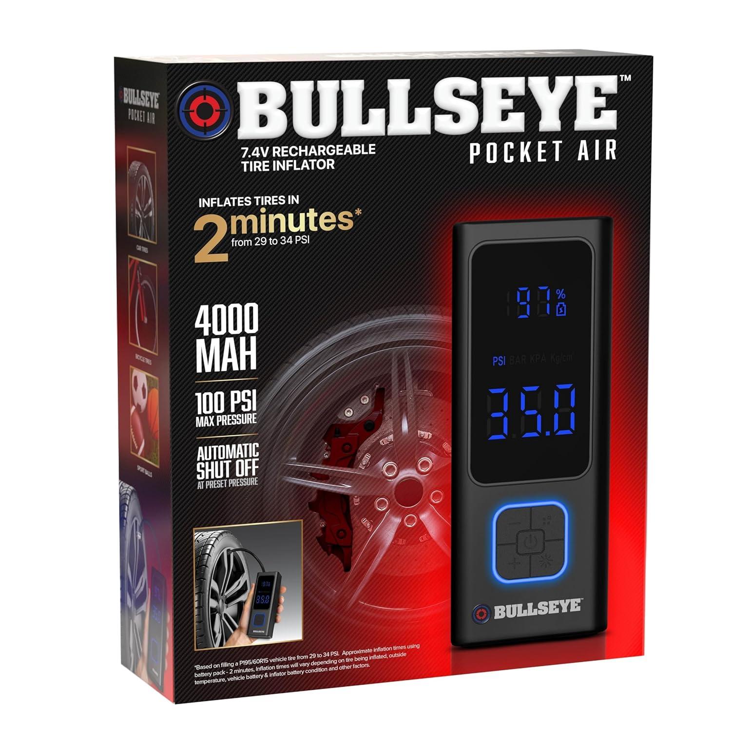 Bullseye Pocket Air Tire Inflator 4000mAH Rechargeable Electric Air Compressor Portable Pump