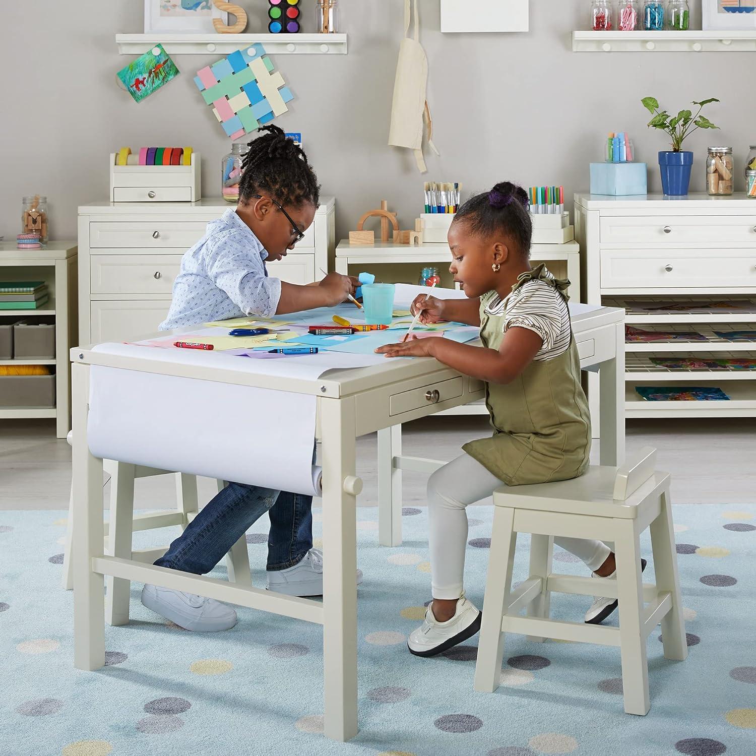 Creamy White Wooden Kids Art Table with Storage Drawers