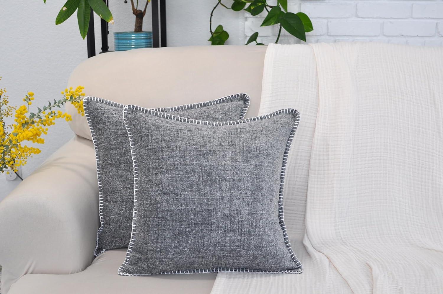 Soft Chenille Throw Pillow Covers With Stitched Edge (Set of 2)