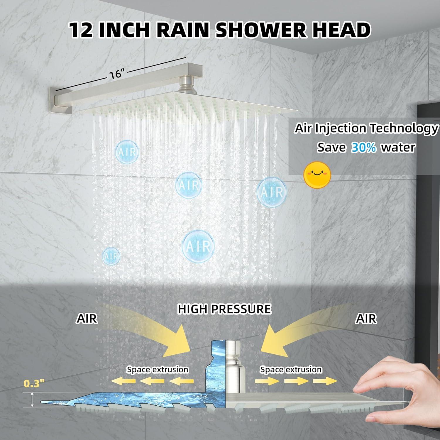 Zovajonia Shower System 12 Inches Shower Faucet Set, Rain Shower Head with Handheld Spray Bathroom Wall Mount Shower Fixtures Brushed Nickel