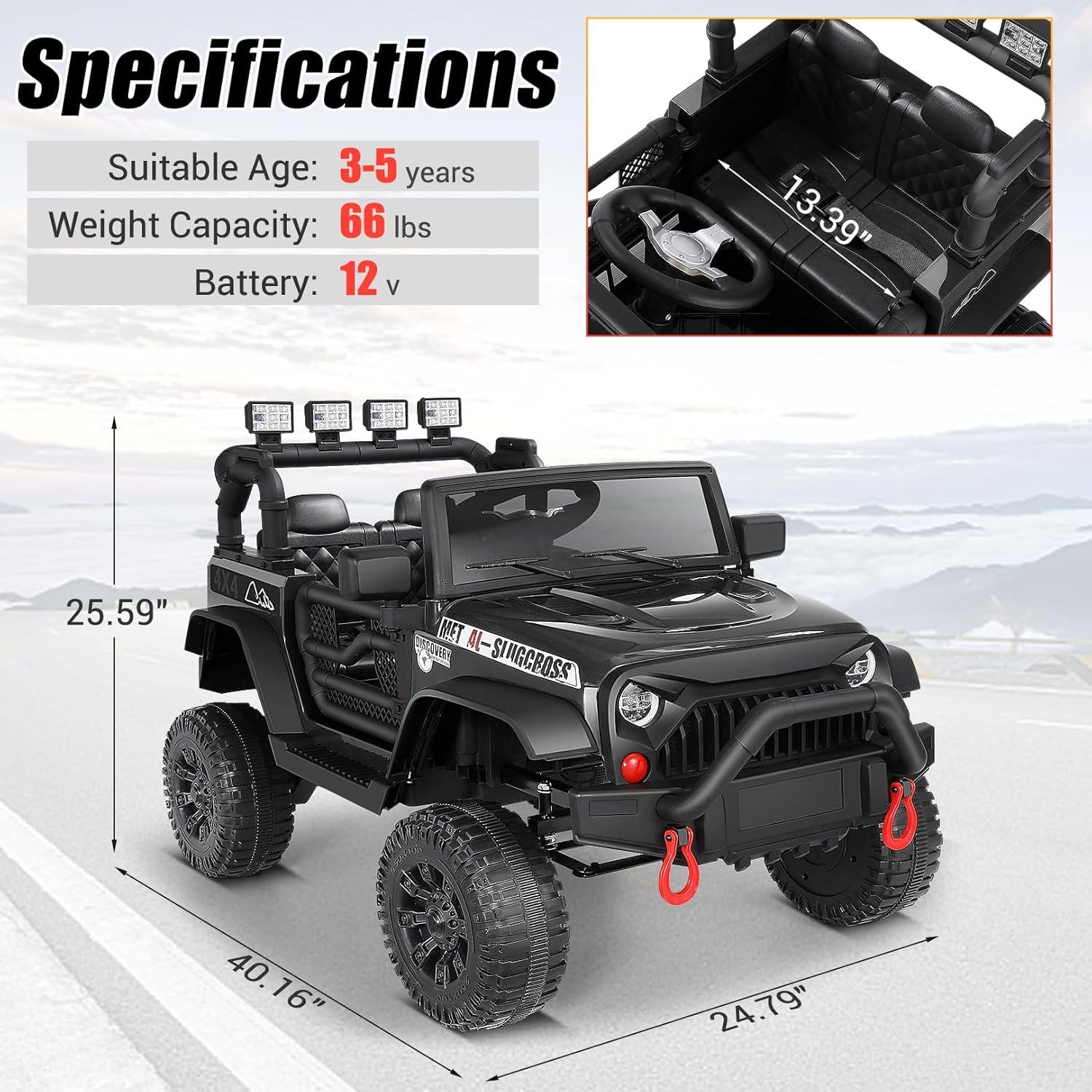 24V Electric Ride on Jeeps for Kids, Ride On Car Truck with Remote Control, Battery Power Car Wheels for Kids w/LED Lights, Bluetooth, Music, 3 Speeds, 24 Volt Ride on Toys for Boys and Girls